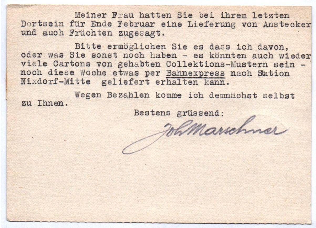 Werbe Karte Johann Marschner Nixdorf Böhmen 1944 Sudeten Stempel Werbe Karte Johann Marschner Nixdorf Böhmen 1944 Sudeten Stempel