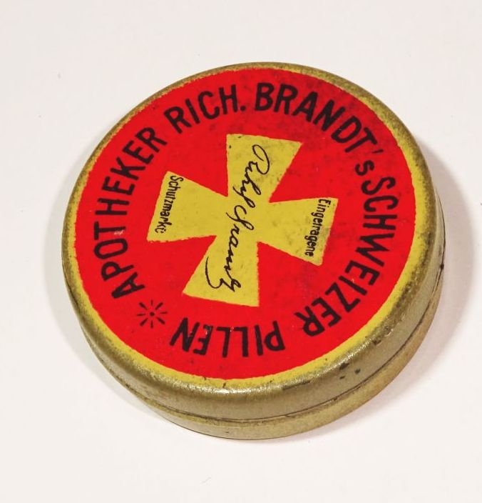 Blechdose Apotheker Richard Brandt Schweizer Pillen kleine Dose Box Deko Reklame