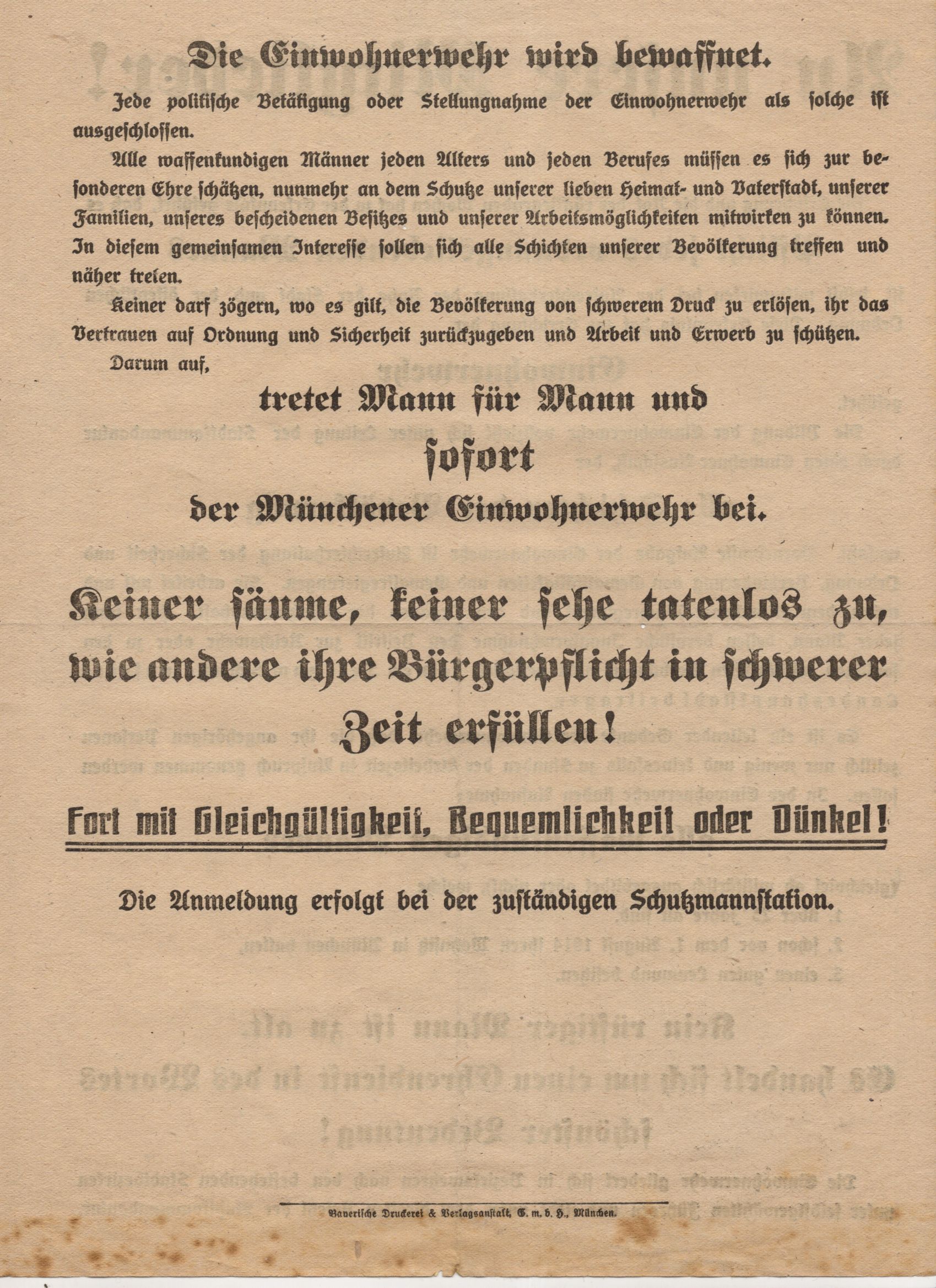 Handzettel Flugblatt Münchener Einwohnerwehr Freikorp 1919 München