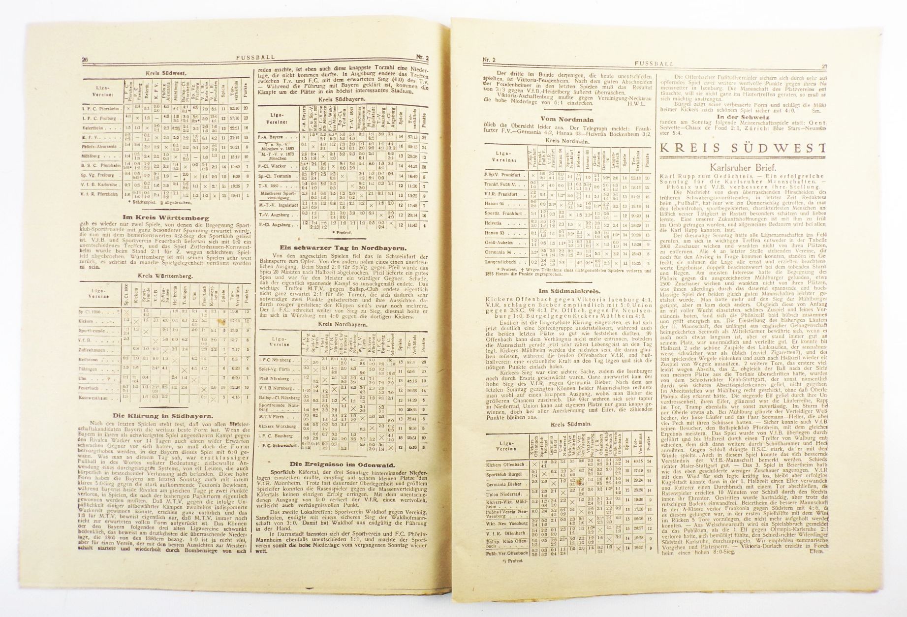 Fußball Zeitschrift Nummer 2 von 1920 Ligaspiele in Süddeutschland 