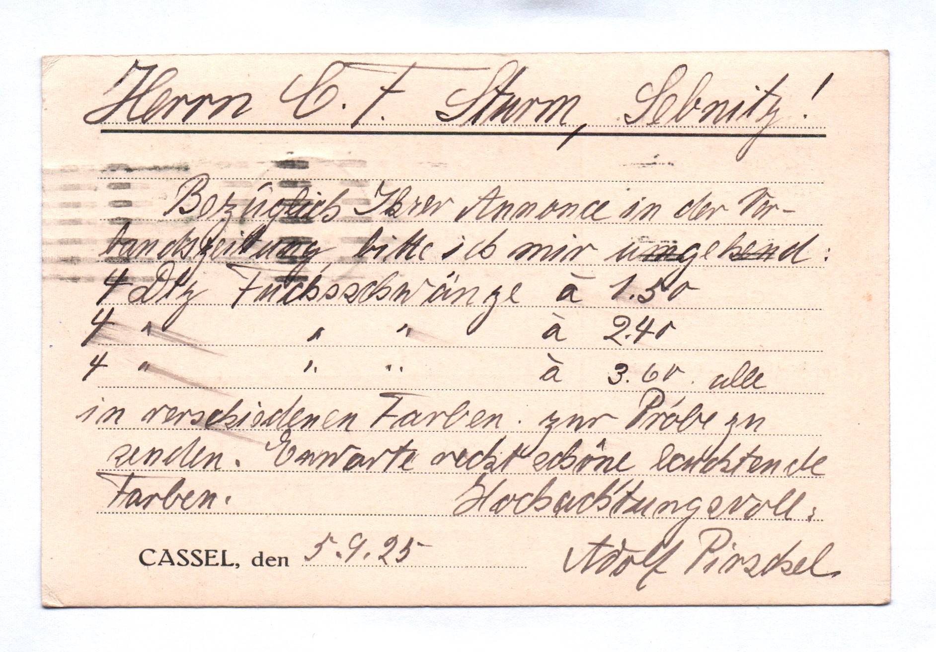 Postkarte Adolf Pirschel Blumen und Pflanzen Handlung Cassel 1925 Postkarte Adolf Pirschel Blumen und Pflanzen Handlung Cassel 1925