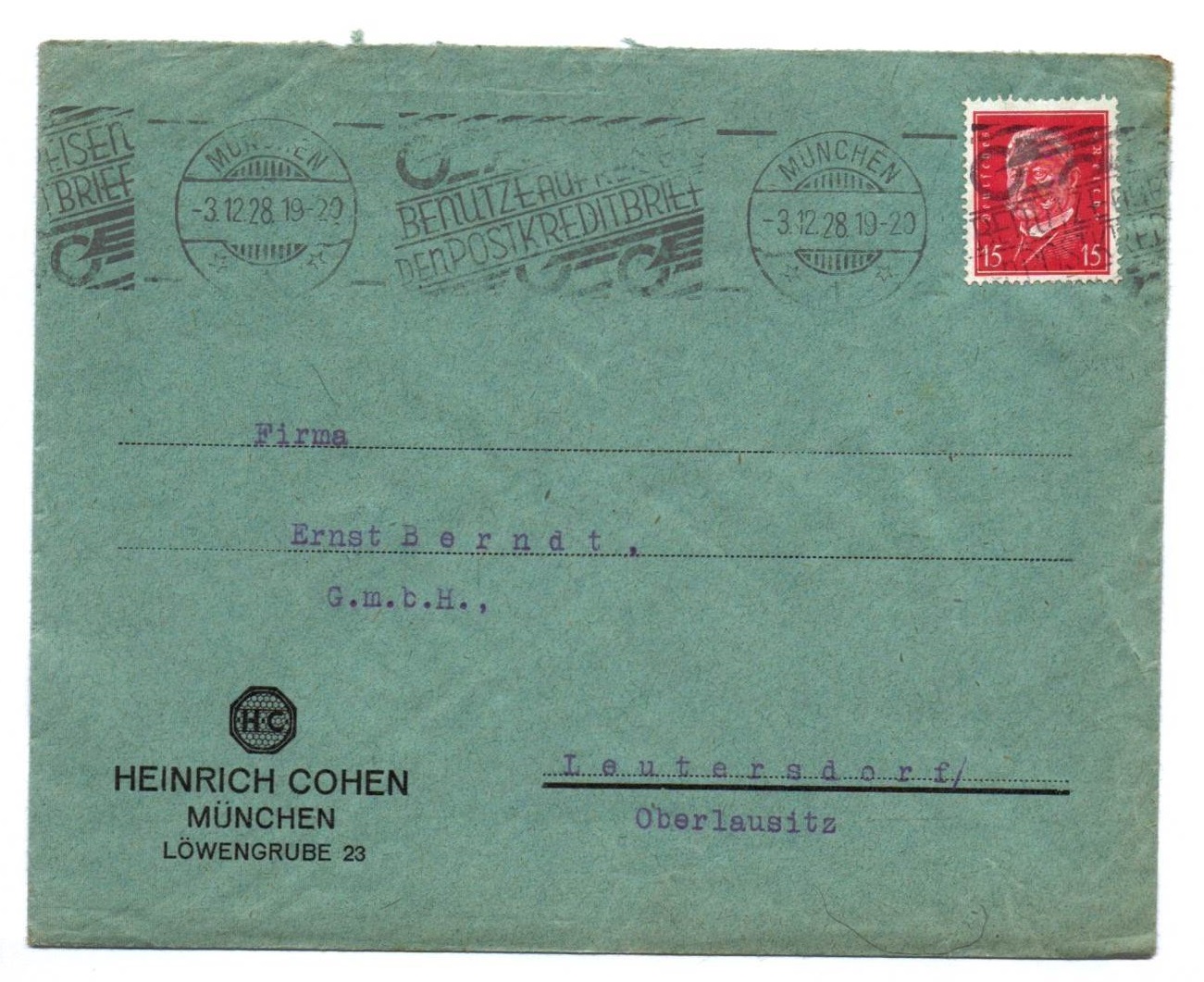 Brief Heinrich Cohen München nach Leutersdorf DR 1928 Brief Heinrich Cohen München nach Leutersdorf DR 1928