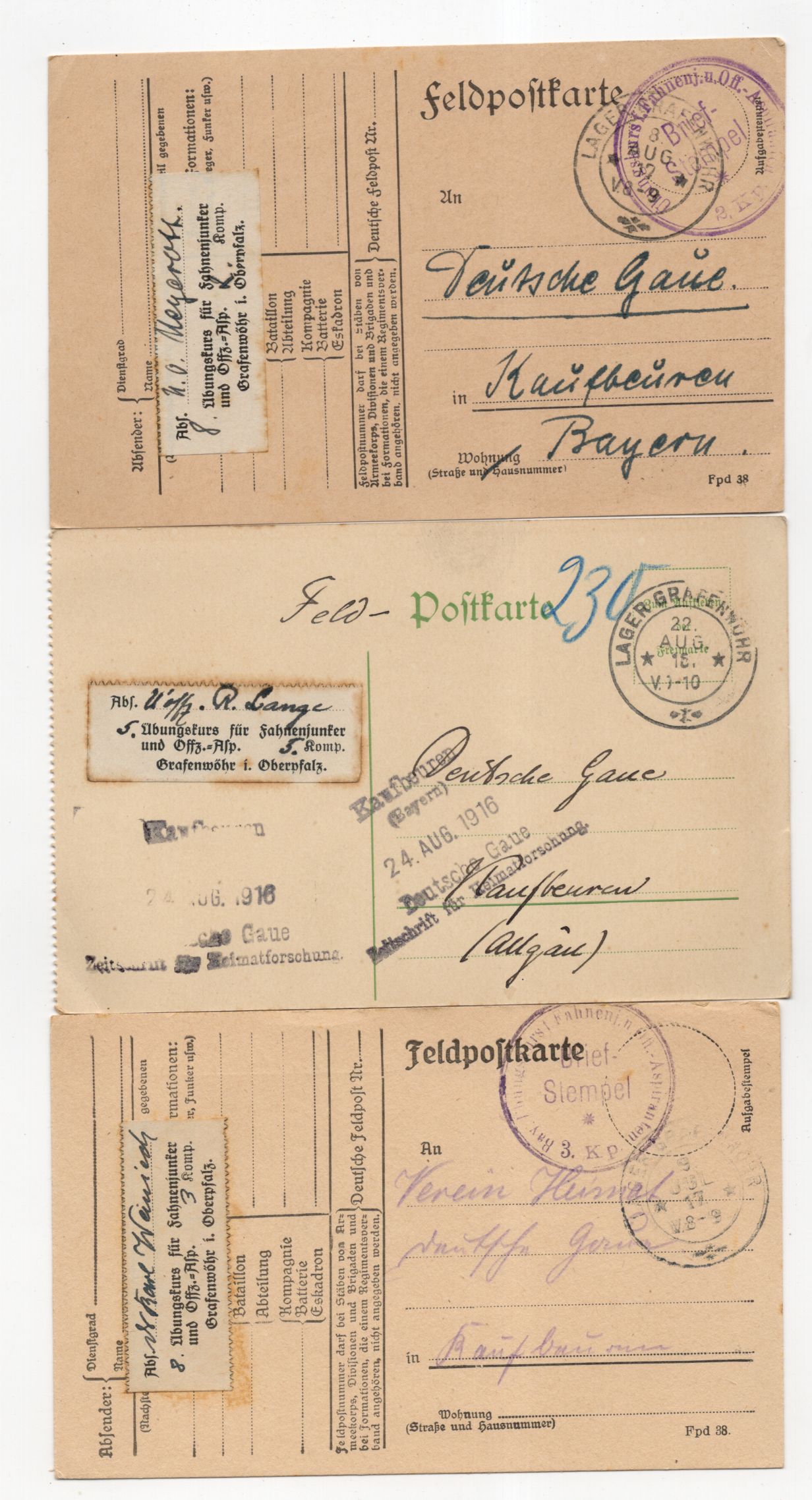 3 x Feldpostkarte Übungskurs für Fahnenjunker Grafenwöhr Oberpfalz 1 Wk