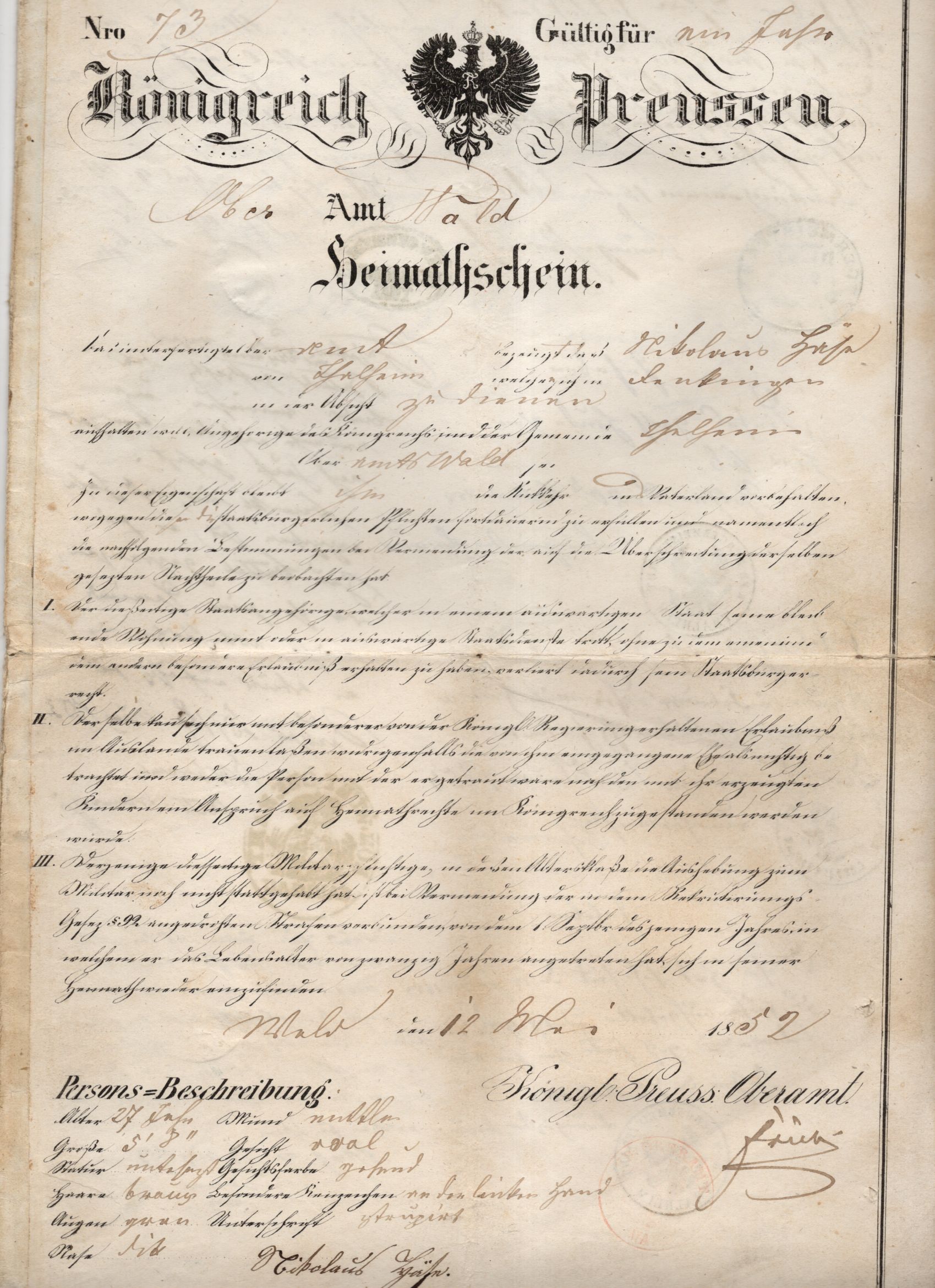 Heimatschein Königreich Preussen 1852 Ausweis