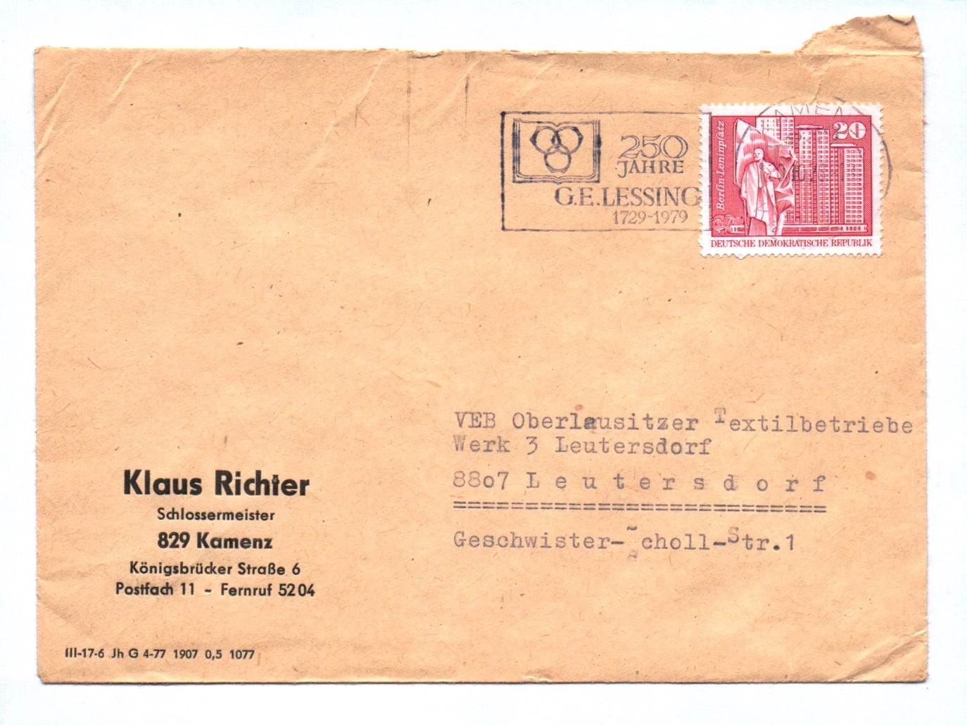 Brief DDR Klaus Richter Schlossermeister Kamenz 1976