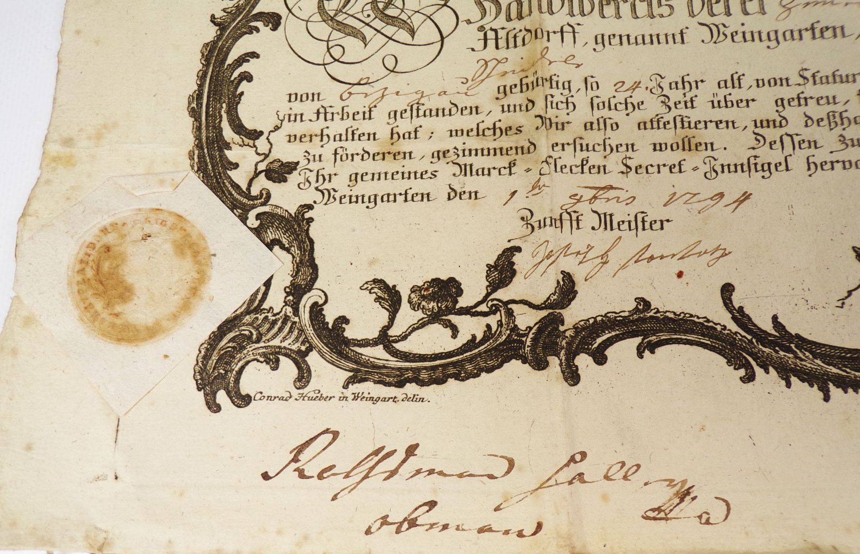 Gesellenbrief Zimmermann 1794 Weingarten Marck Flecken Altdorff Kupferstich