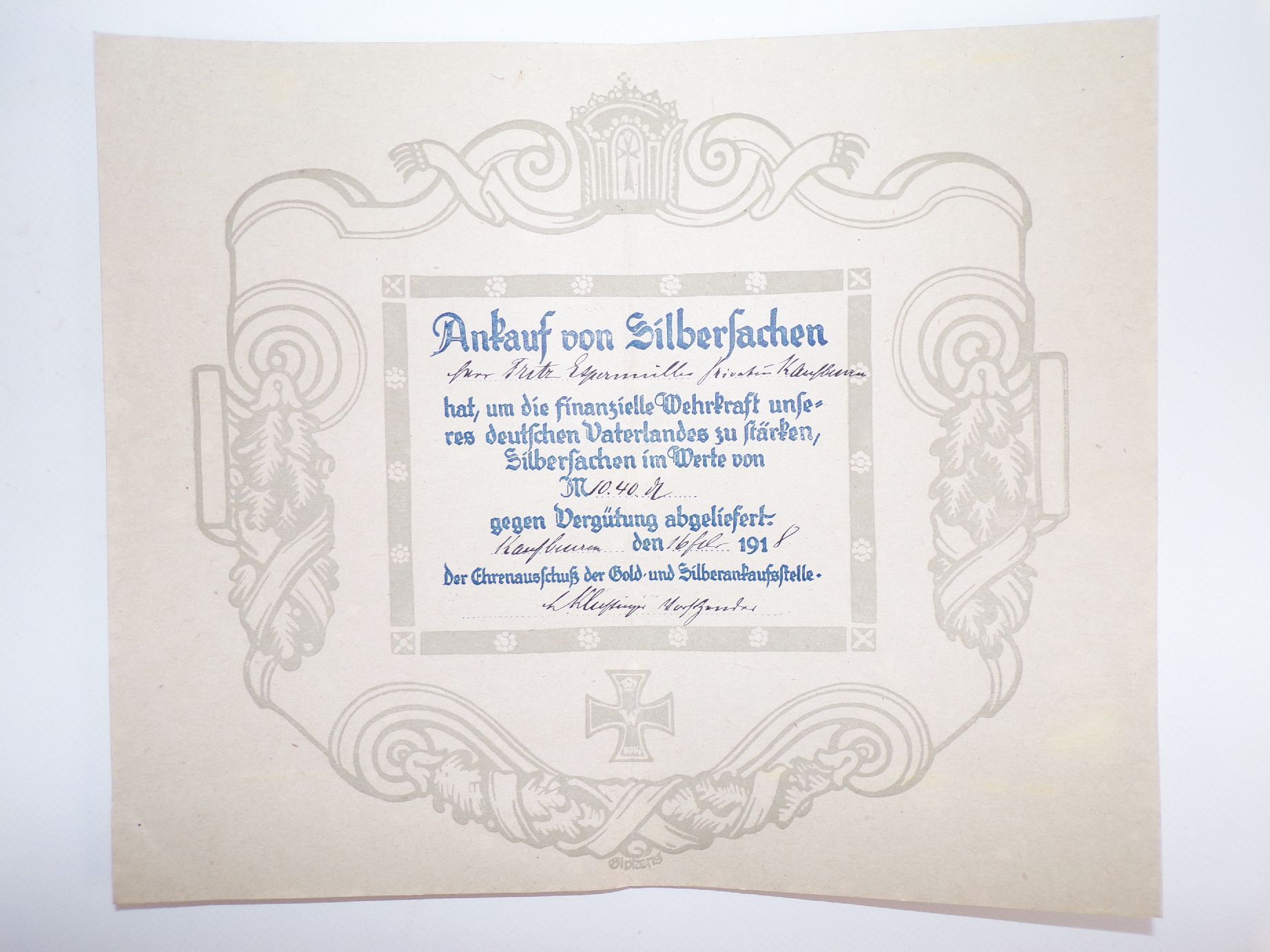 Kaufbeuren Dokumente Lot Ankauf Silbersachen Gold Urkunde Kriegswahrzeichen 1 Wk
