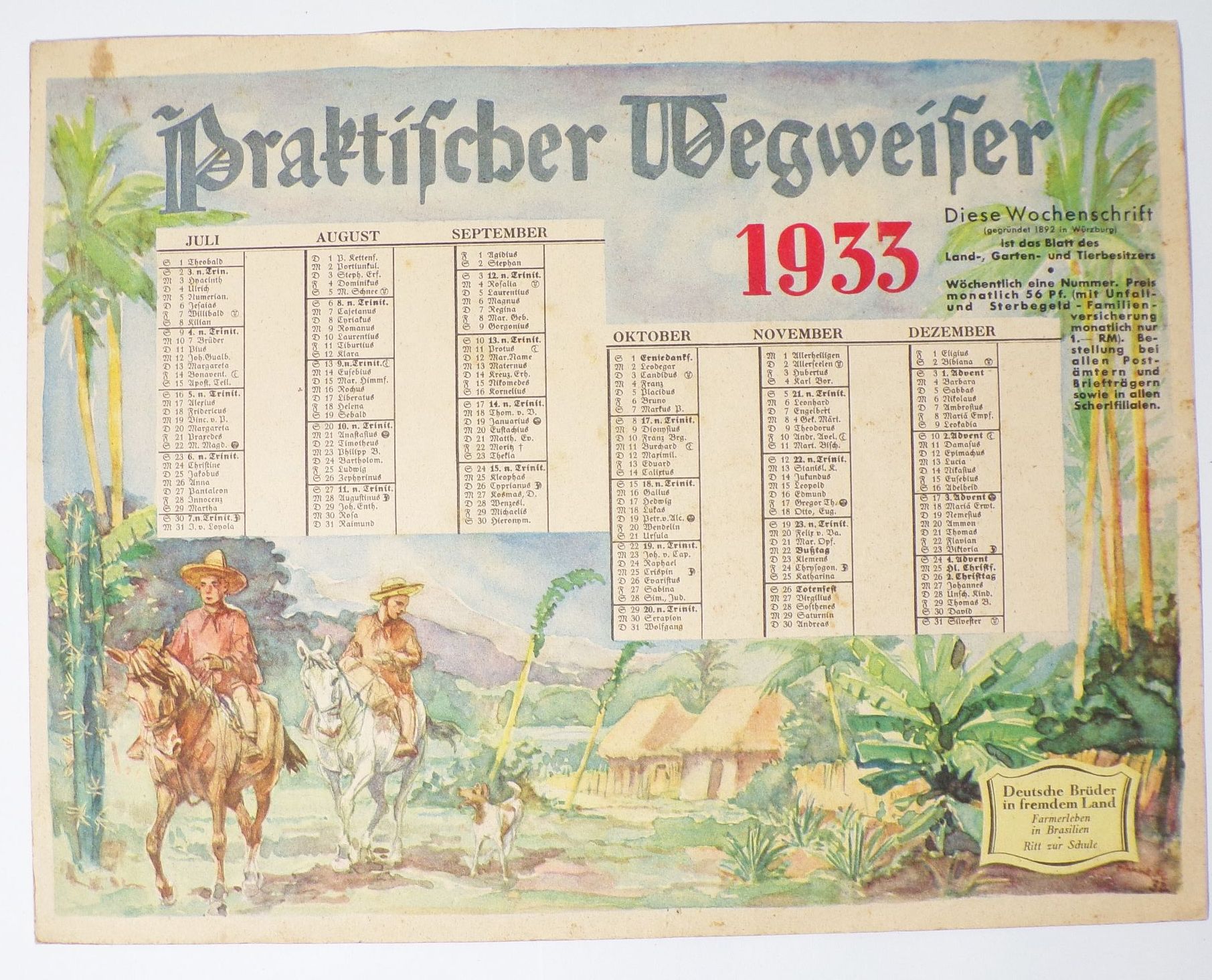 Kalender 1933 Praktischer Wegweiser Siebenbürgen Brasilien  15928