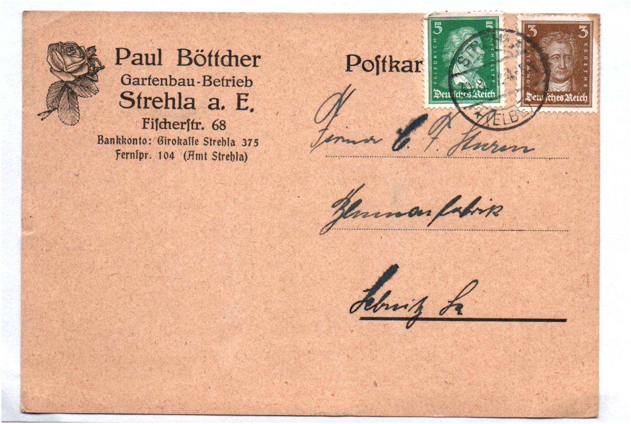 Werbe Postkarte Paul Böttcher Gartenbau Betrieb Strehla a Elbe 1927 Werbe Postkarte Paul Böttcher Gartenbau Betrieb Strehla a Elbe 1927