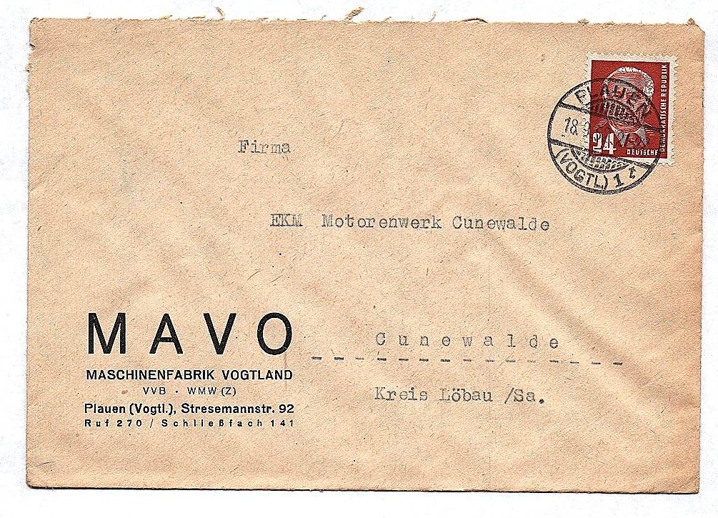 Briefkuvert DDR 1952 MAVO Maschinenfabrik Vogtland