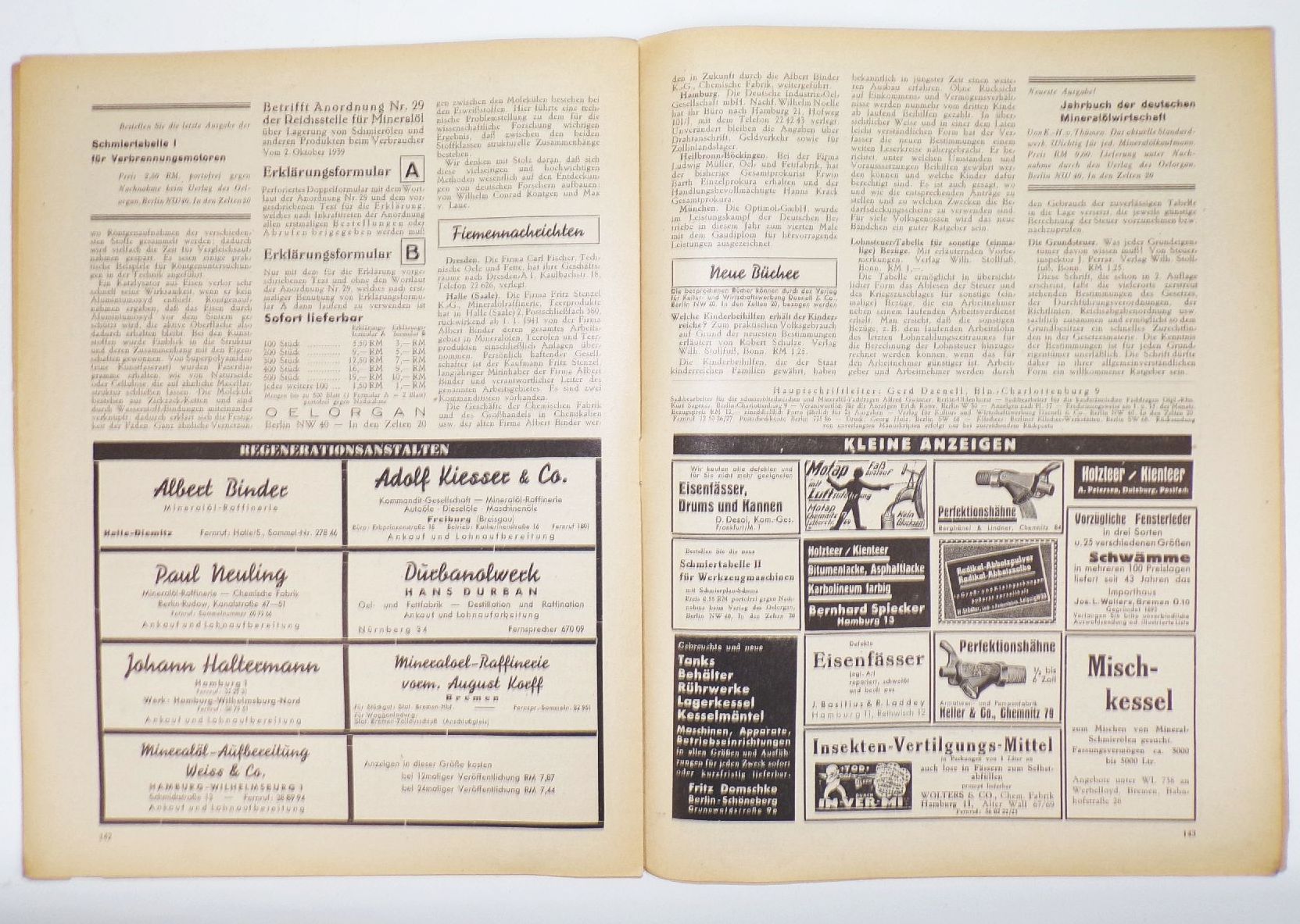 Oel Organ Zeitschrift Schmierstoff Großhandel Mineralöl 1941 Nr 12