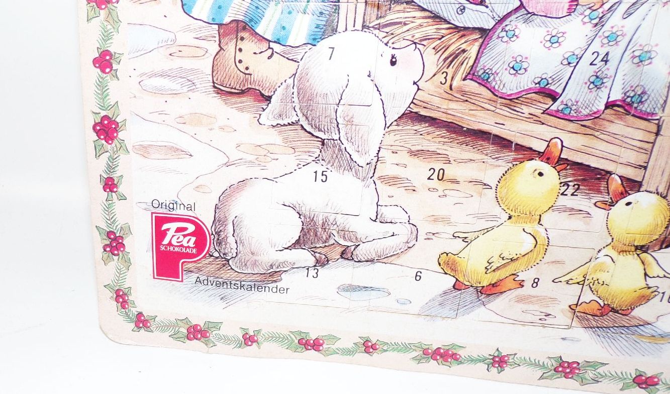 Alter Pea Adventskalender Jesus Baby Krippe Maria und Josef Vintage 