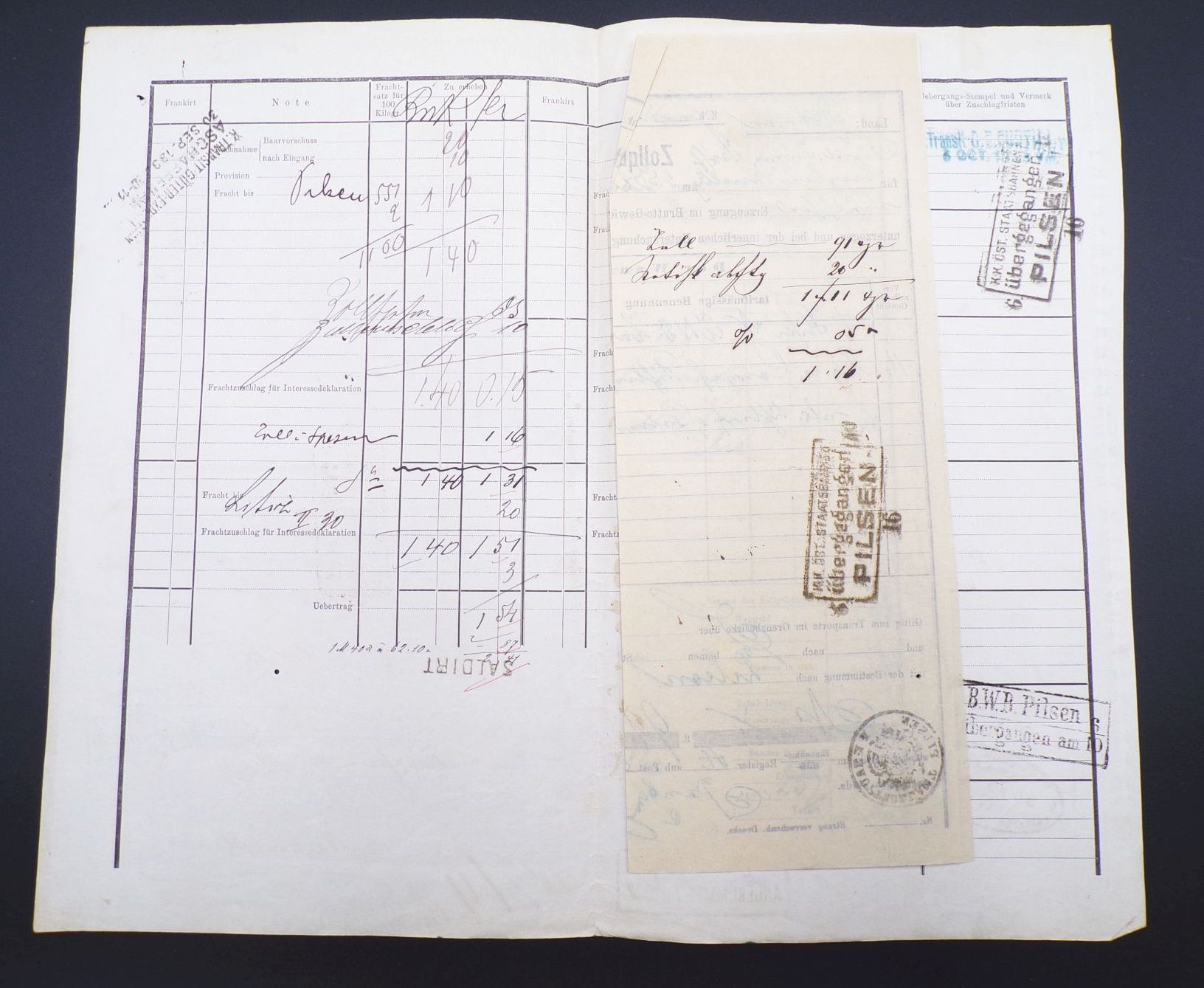 Frachtbrief Mathildezeche Bergbau Littitz Werk Pilsen nach Frankfurt 1893