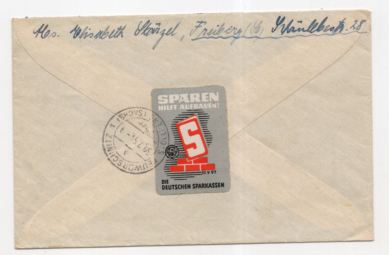 R Brief Freiberg Sachsen 1954 Mischfrankatur Sparkasse Vignette R Brief Freiberg Sachsen 1954 Mischfrankatur Sparkasse Vignette