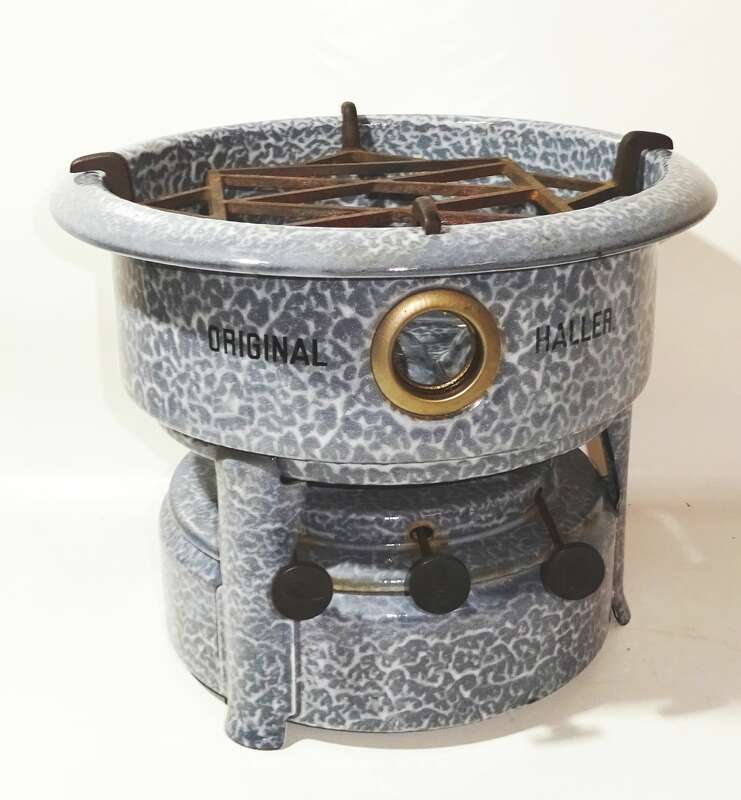 Original XL Haller Kocher Emaille Grau Camping Petroleum Vintage Deko
