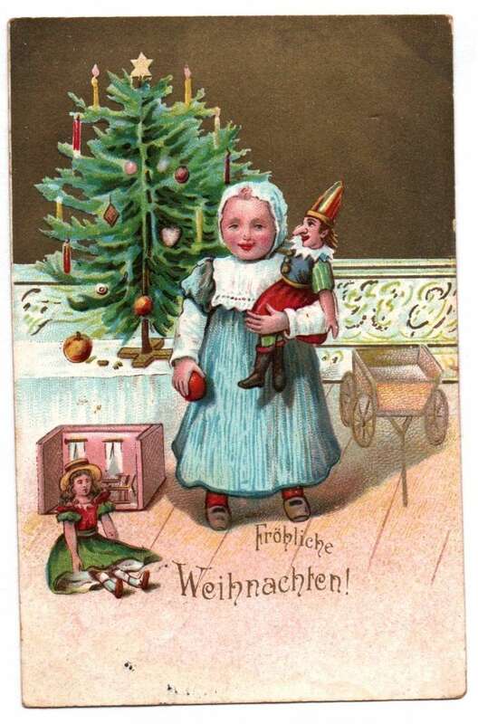 Litho Ak Mädchen mit Puppe Kaspar Weihnachtsbaum Weihnachten 