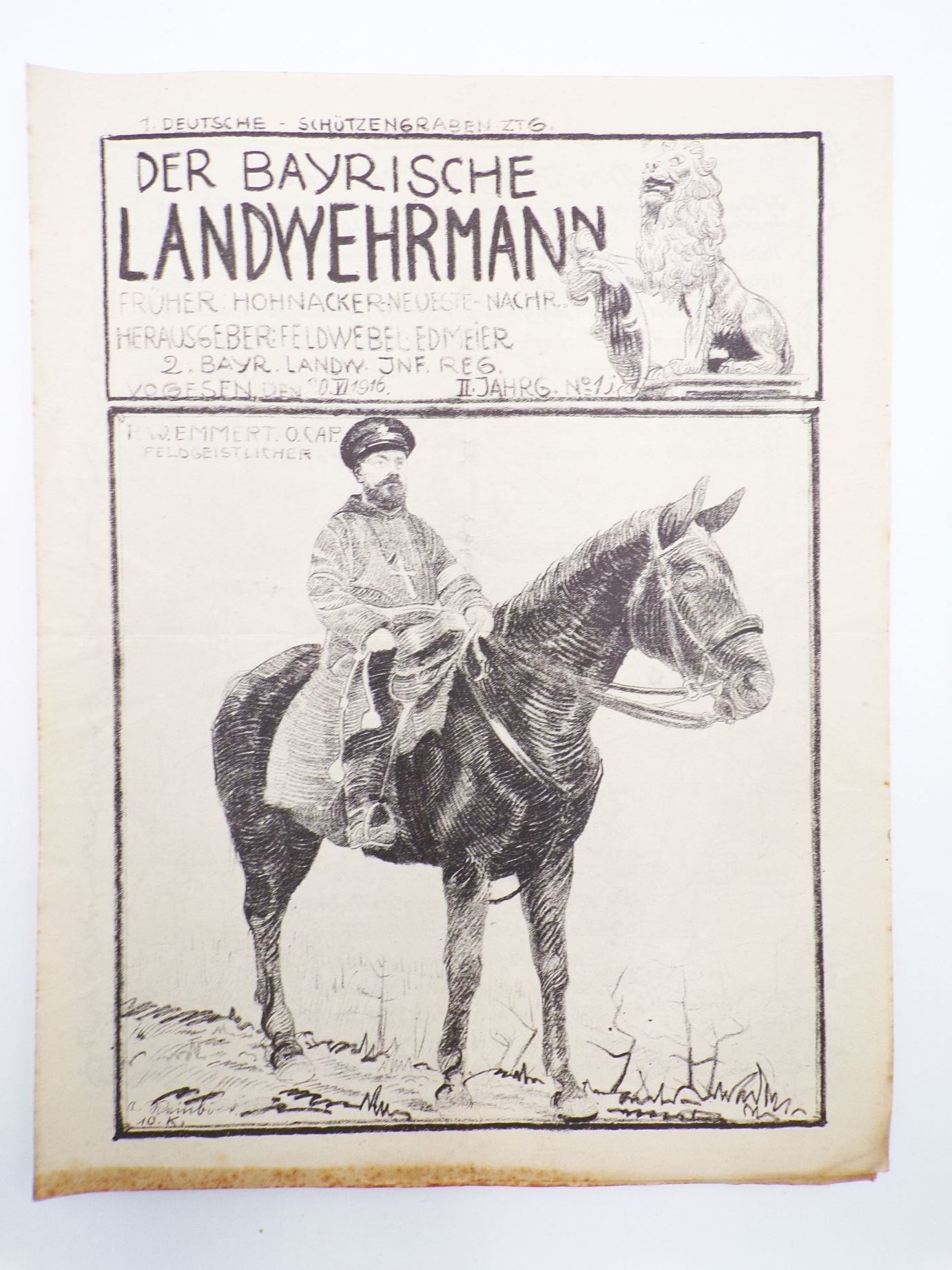Der bayerische Landwehrmann Schützengraben Vogesen 1916 Militär Zeitung