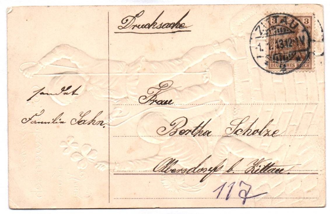 Postkarte zwei Schornsteinfeger Esse Geldsack Neujahr 1913