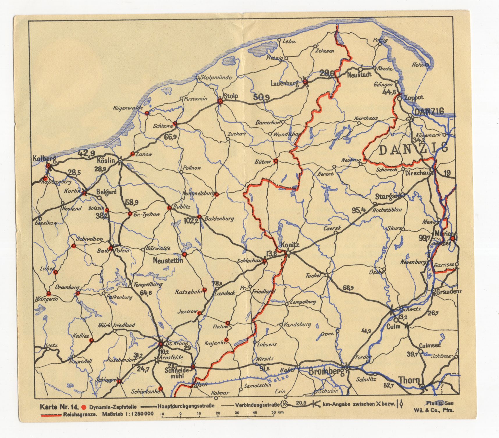 Prospekt Shell Dynamin Zapfstellen Landkarte Ostpommern um 1930 Polen