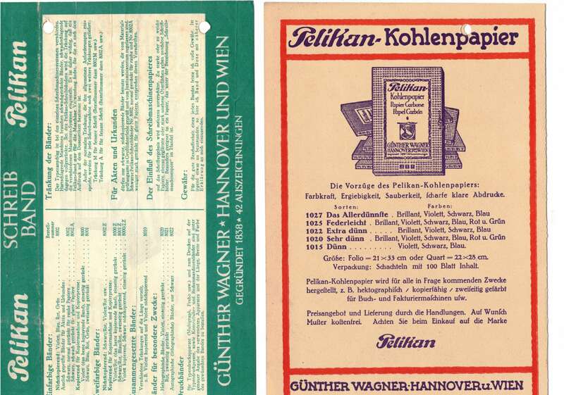 2 x Papier Werbung Pelikan Pelikanotyp Schreibbänder Kohlenpapier 1930er 