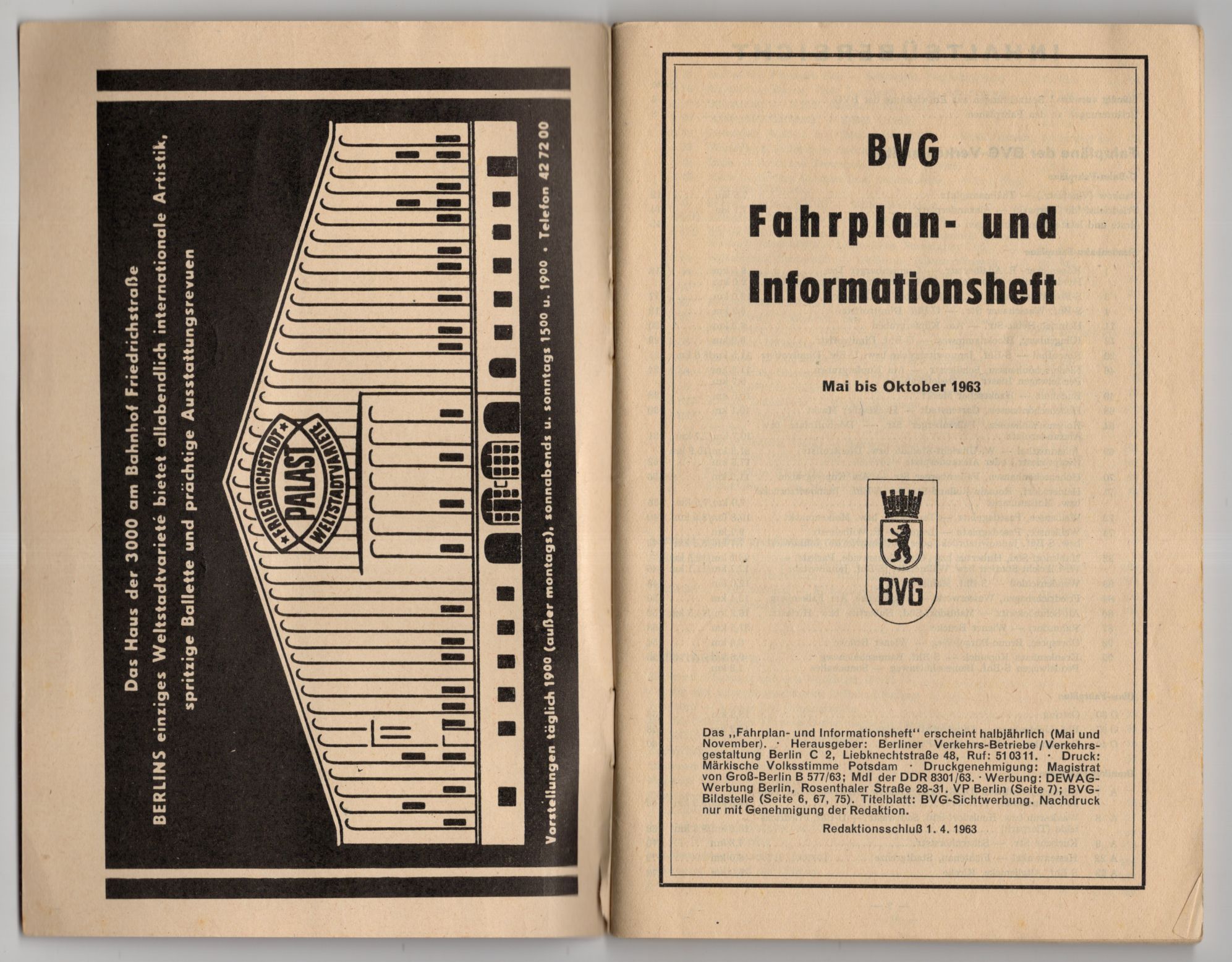 BVG Fahrplan und Informationsheft Mai bis Oktober 1963 DDR 