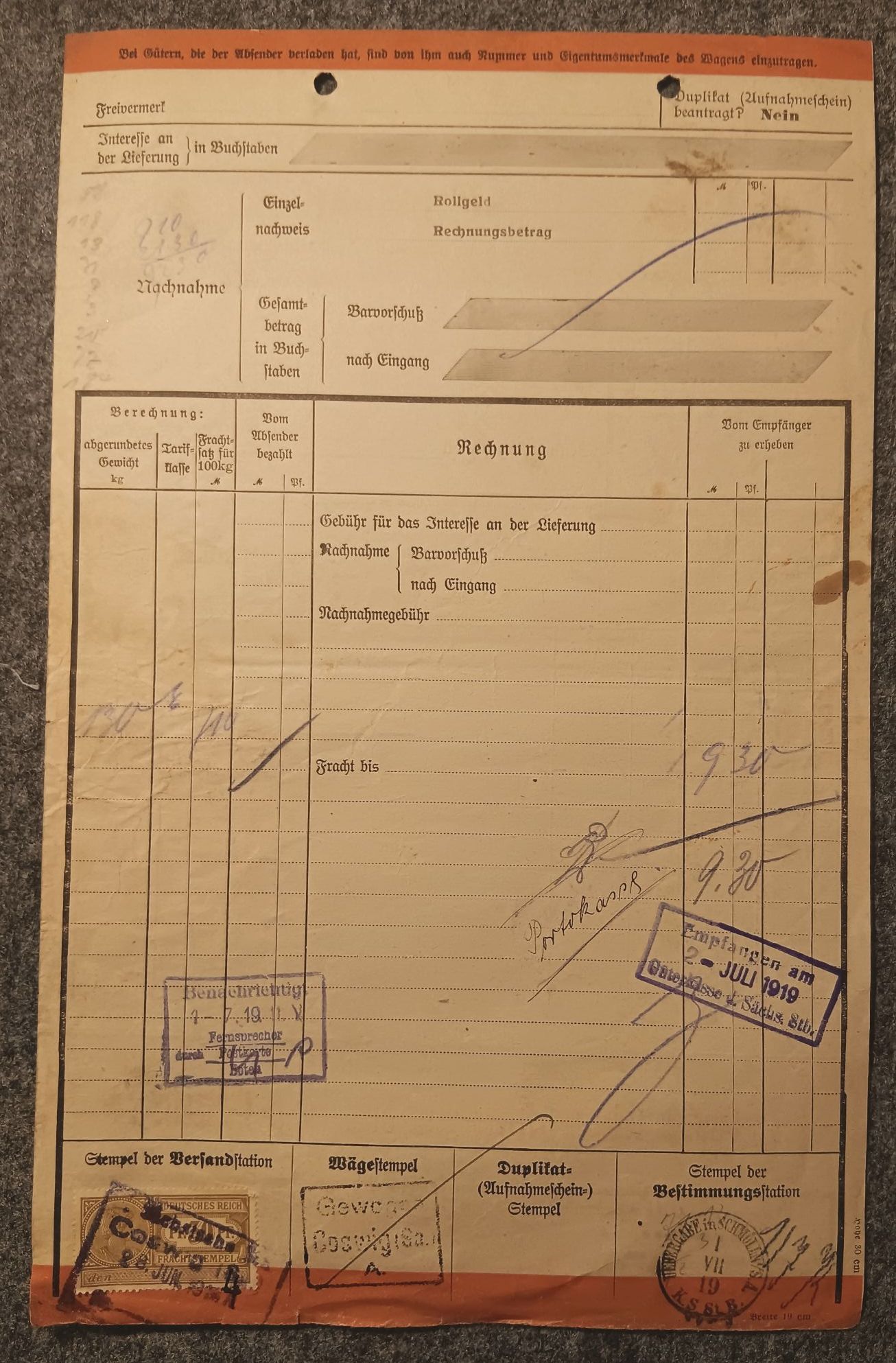 Eilfrachtbrief Sächsische Staatseisenbahn 1919 Coswig Schmölln mit Marke