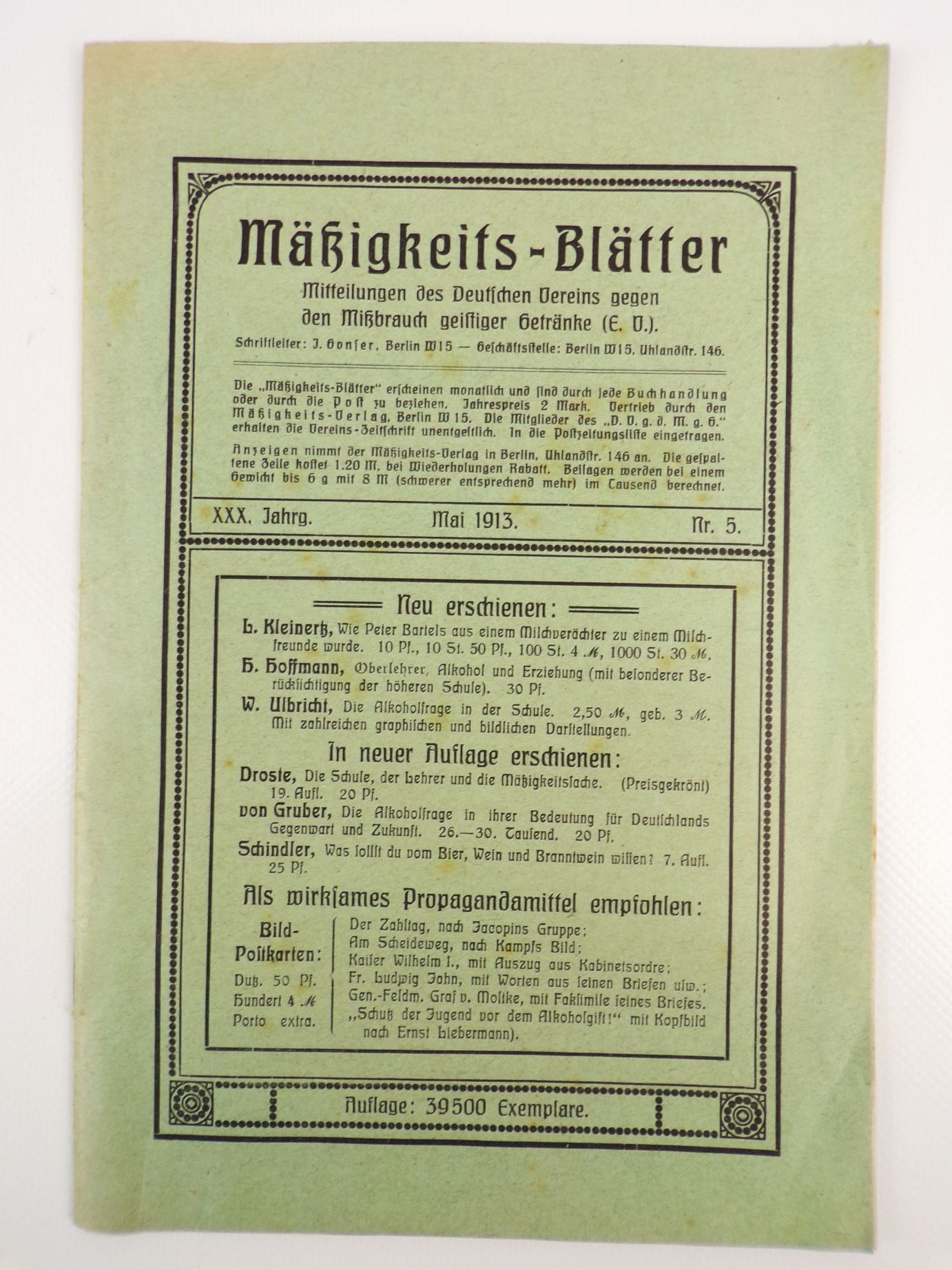 Mäßigkeits Blätter gegen Alkohol Mißbrauch geistiger Getränke 1913 Mäßigkeits Blätter gegen Alkohol Mißbrauch geistiger Getränke 1913