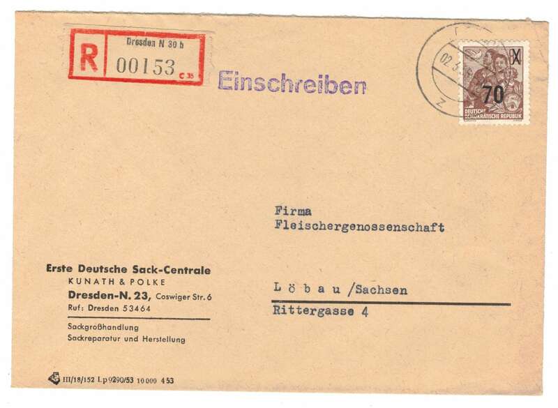 R Brief Kunath u Polke Sack Großhandlung Dresden 1956 