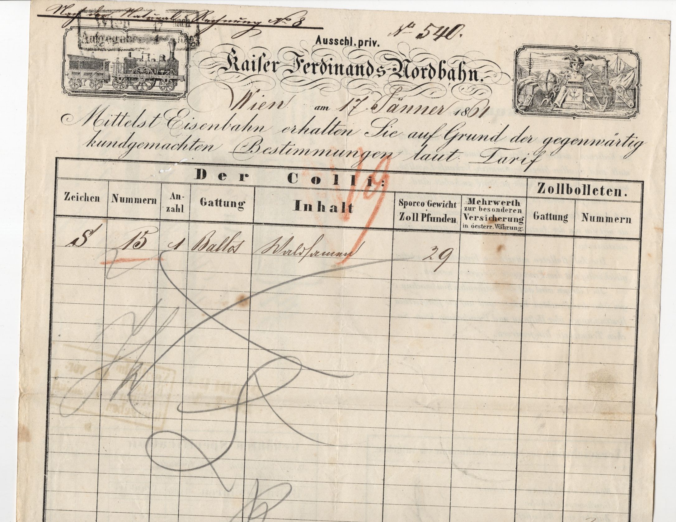 Dokument Kaiser Ferdinand Nordbahn 1861 Wien Frachtbrief 