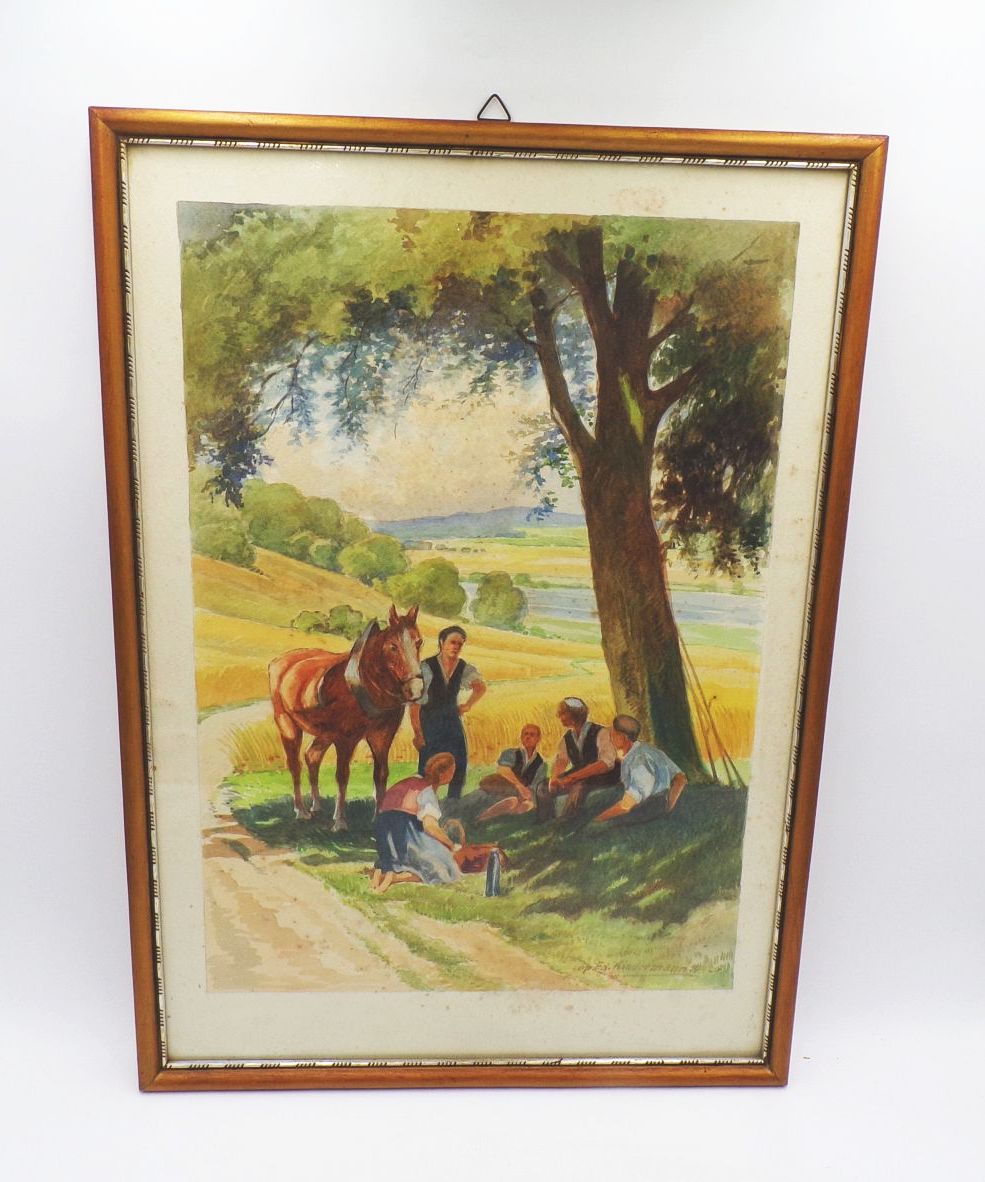 Aquarell Cop Ed Kindermann 1942 Landarbeiter bei der Rast Landwirtschaft 