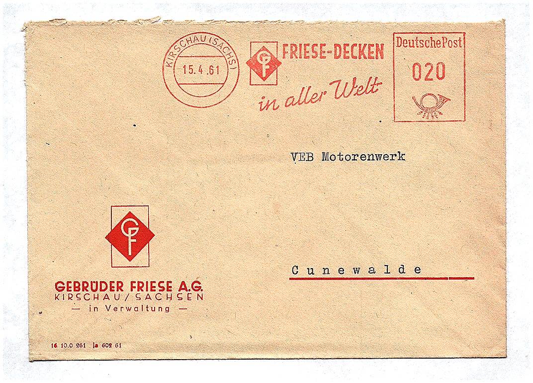 VEB Gebrüder Friese AG Kirschau 1961 DDR Briefkuvert