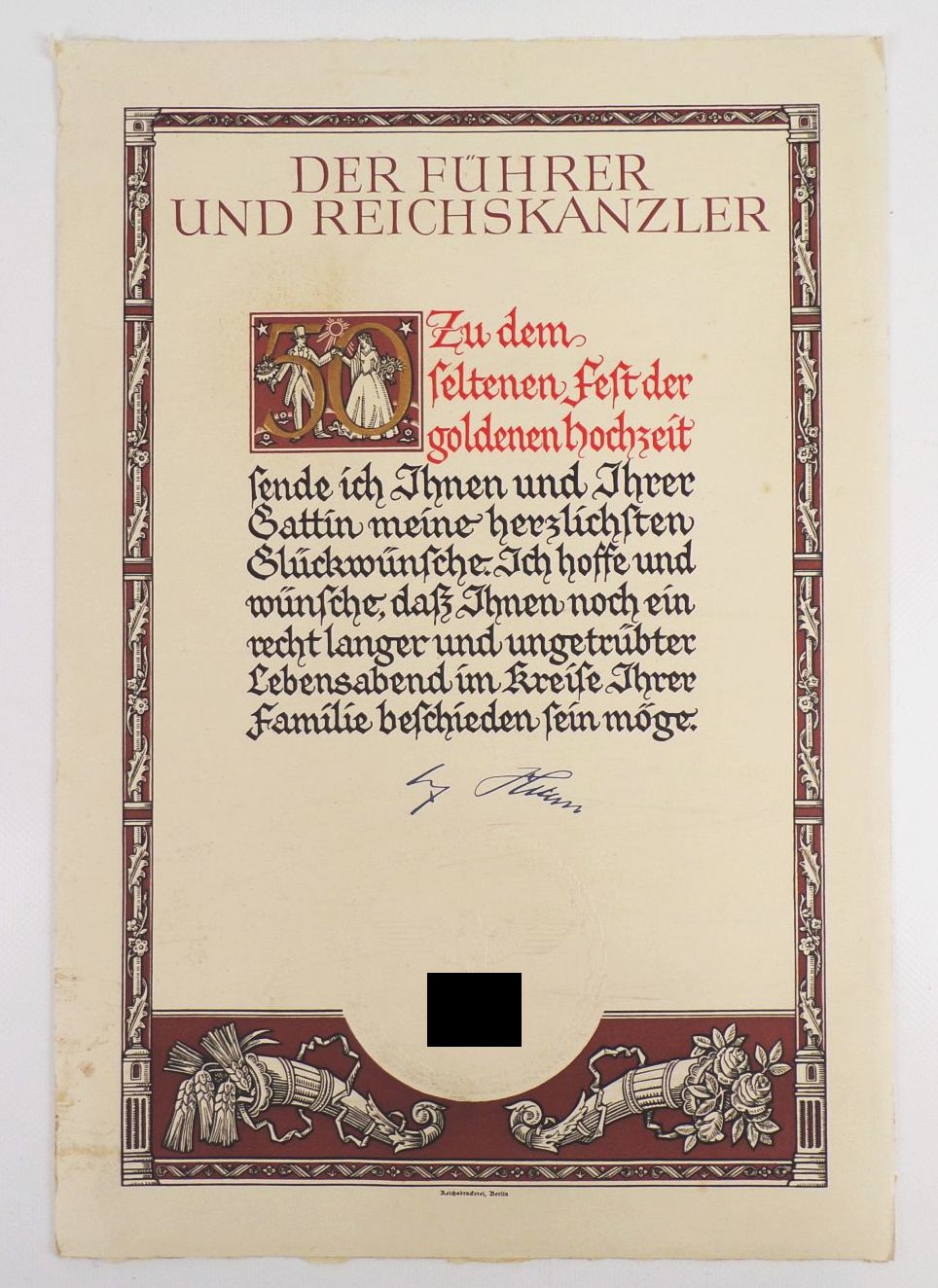 Urkunde goldene Hochzeit Drittes Reich Führer und Reichskanzler