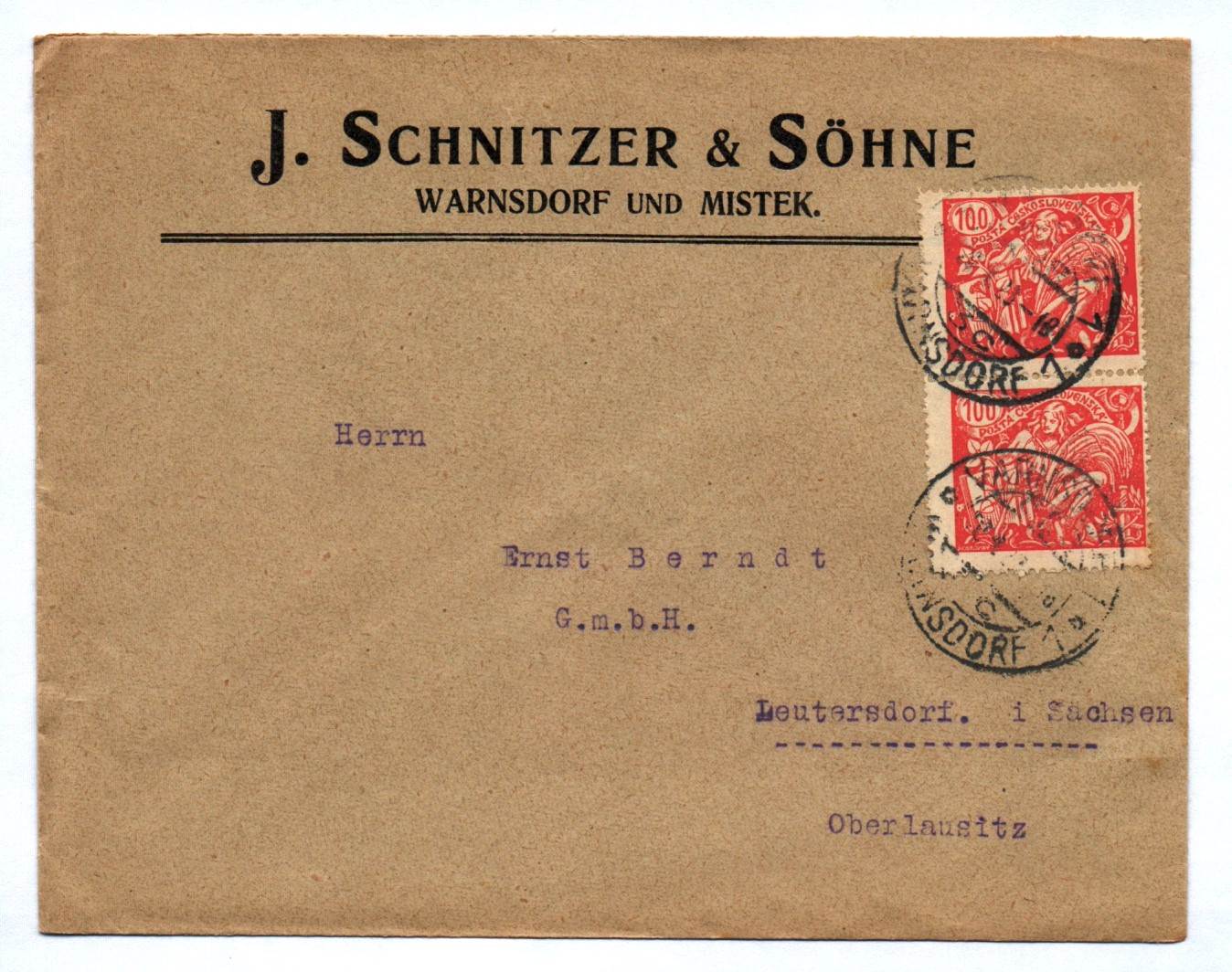 Brief J Schnitzer und Söhne Warnsdorf und Mistek