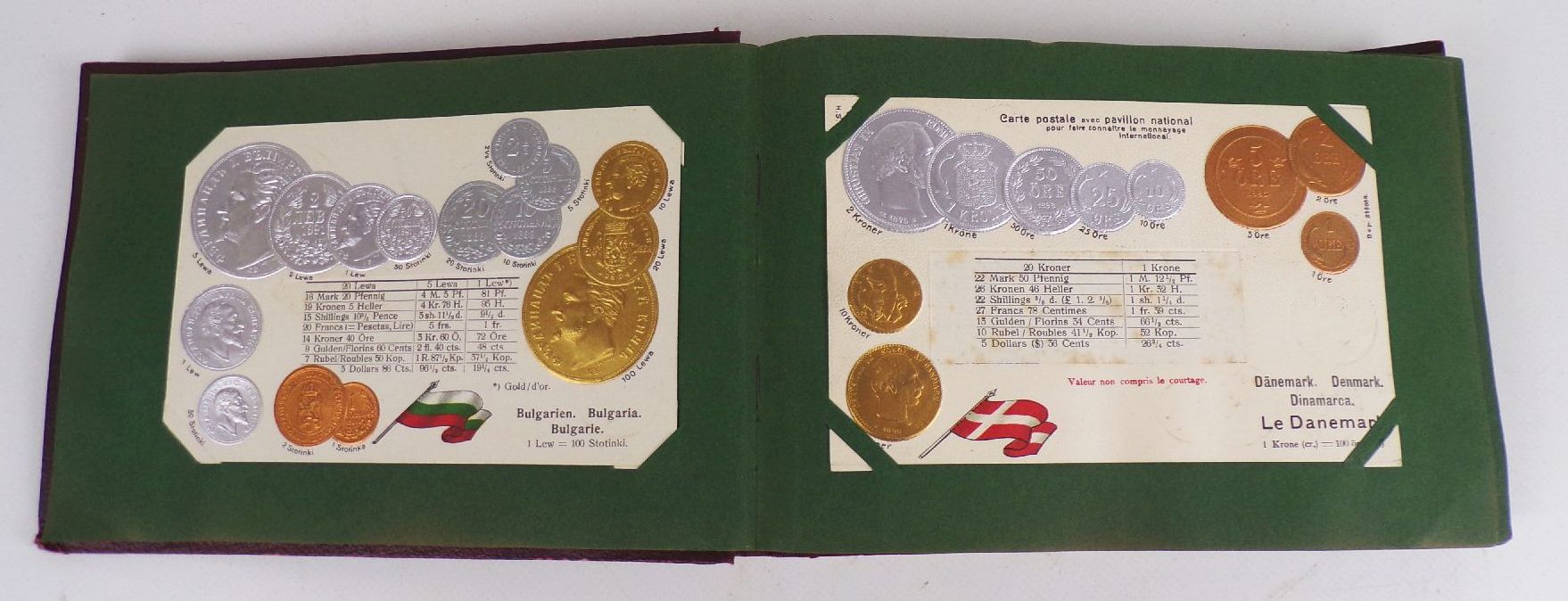 Geldsorten aller Länder Postkartenalbum Geld Münz Ansichtskarten um 1910 Rarität 45 Präge Ansichtskarten