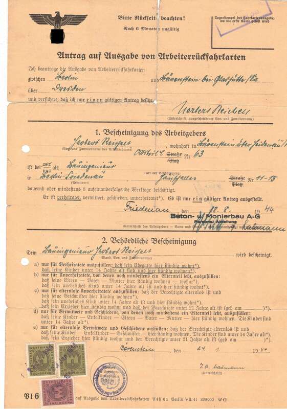 Antrag auf Ausgabe von Arbeiterrückfahrkarten 1944 Wertmarken Dokumente Bärenstein Fahrkarten