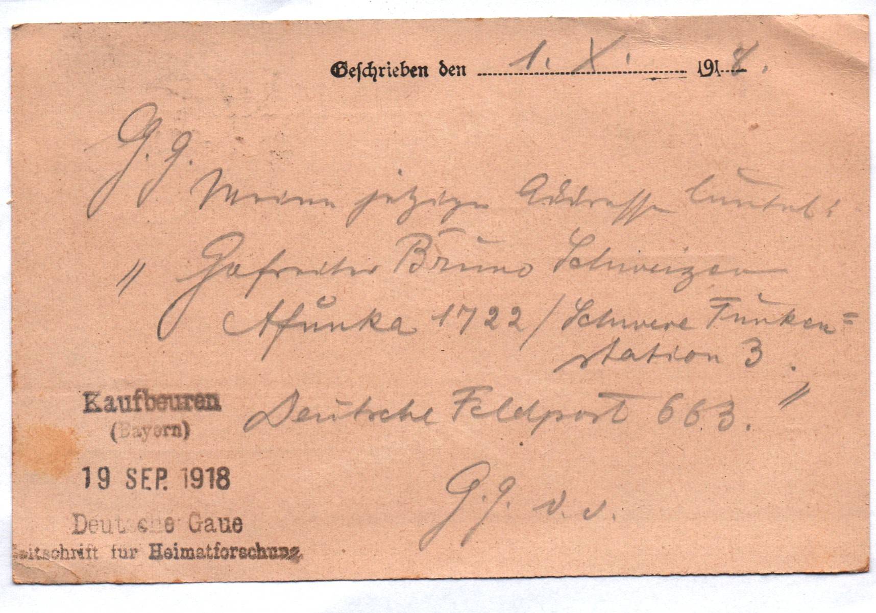 Feldpost Karte Armee Funker Abteilung Schwere Station Nr 3 Stempel 1918