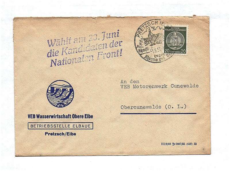 Brief Briefkuvert DDR 1957 VEB Wasserwirtschaft obere Elbe Pretzsch