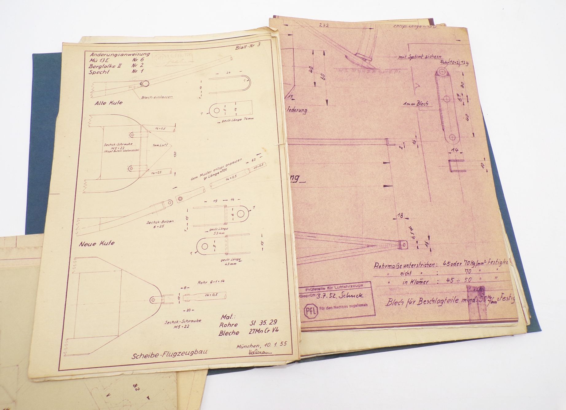 Mappe Baupläne Scheibe Flugzeugbau Dachau 1955 Mü13E Bergfalke 