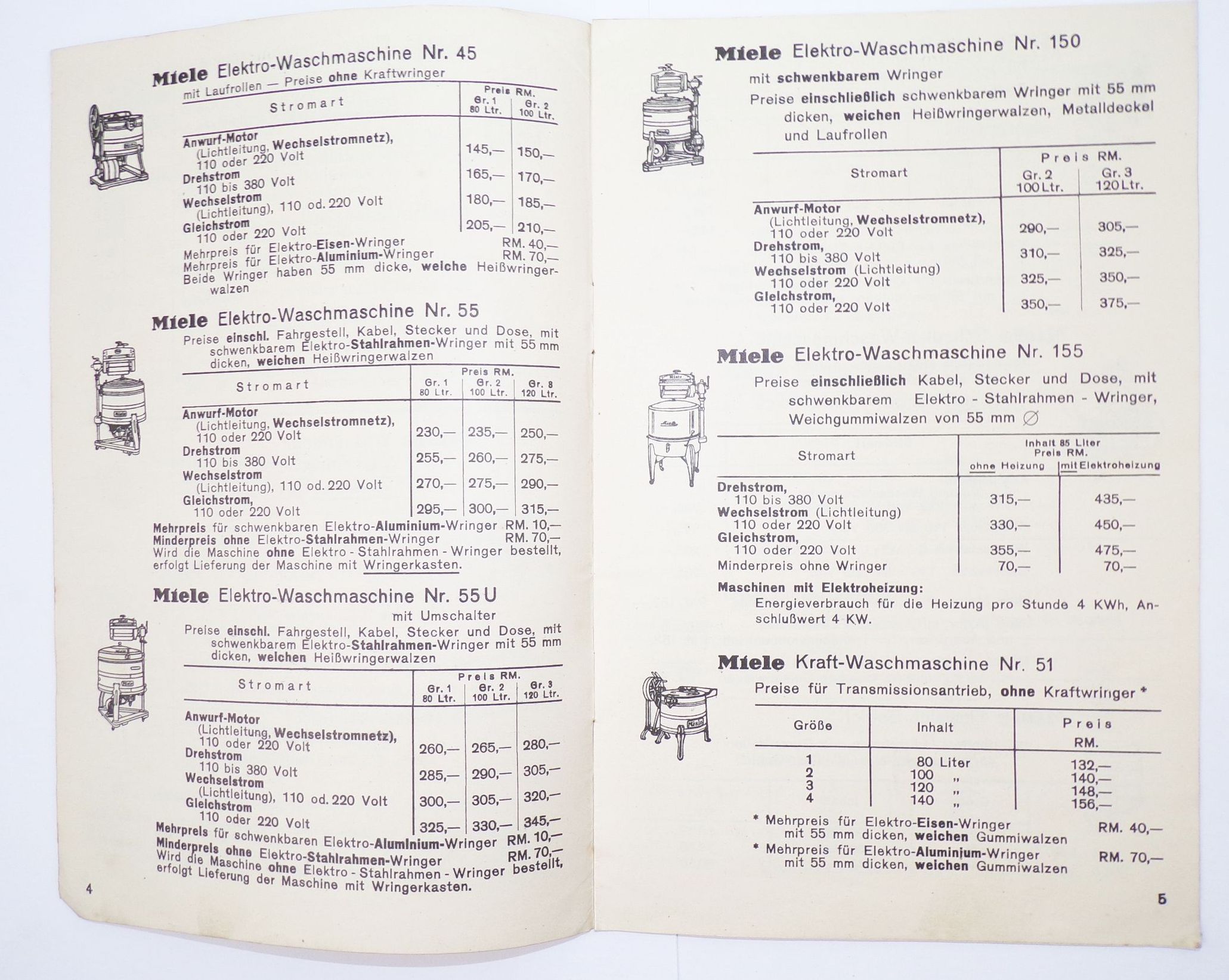 Miele Werke Gütersloh Preisliste 1938 Waschmaschine Prospekt