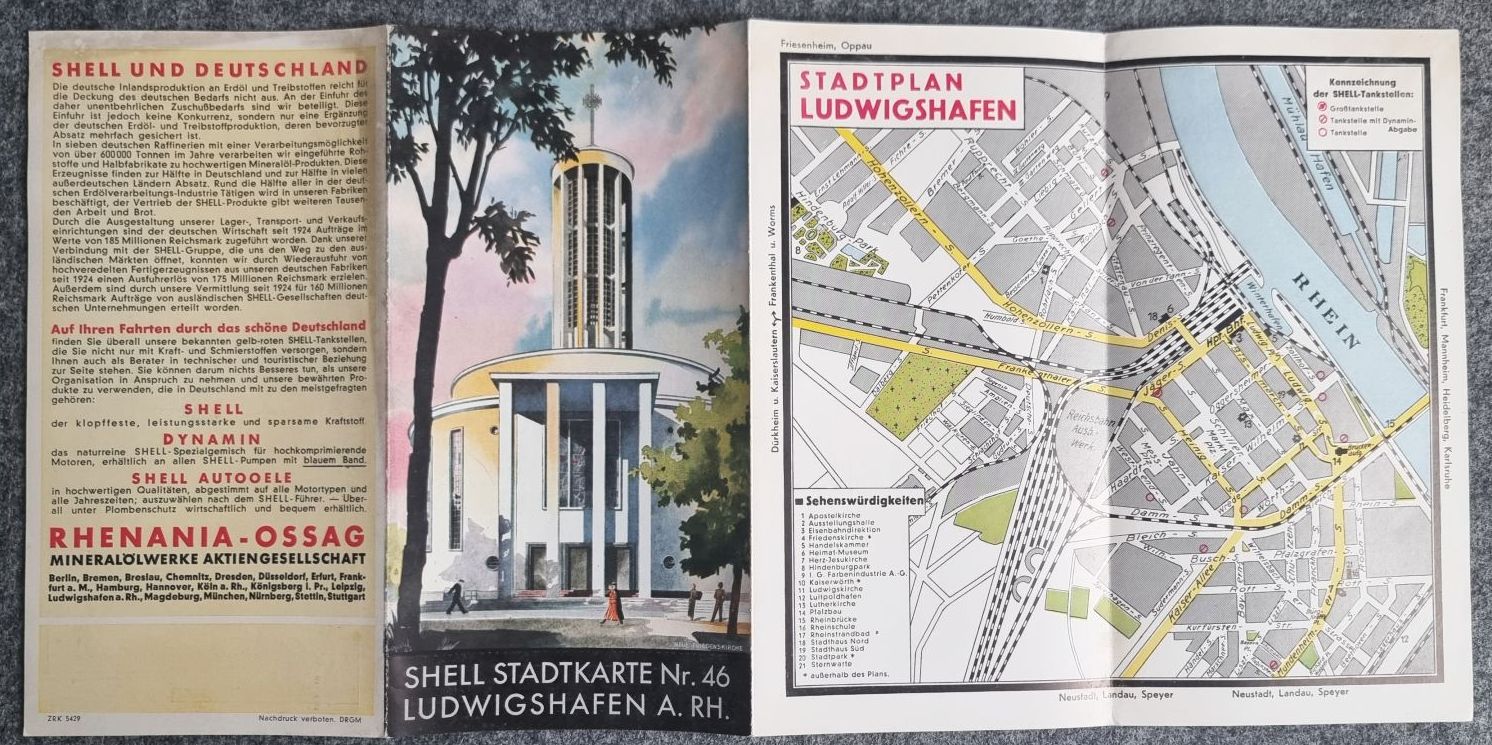 Shell Stadtkarte Nr 46 Ludwigshafen am Rhein 1930er Landkarte alter Stadtplan Neue Friedenskirche Shell Stadtkarte Nr 46 Ludwigshafen am Rhein 1930er Landkarte alter Stadtplan Neue Friedenskirche