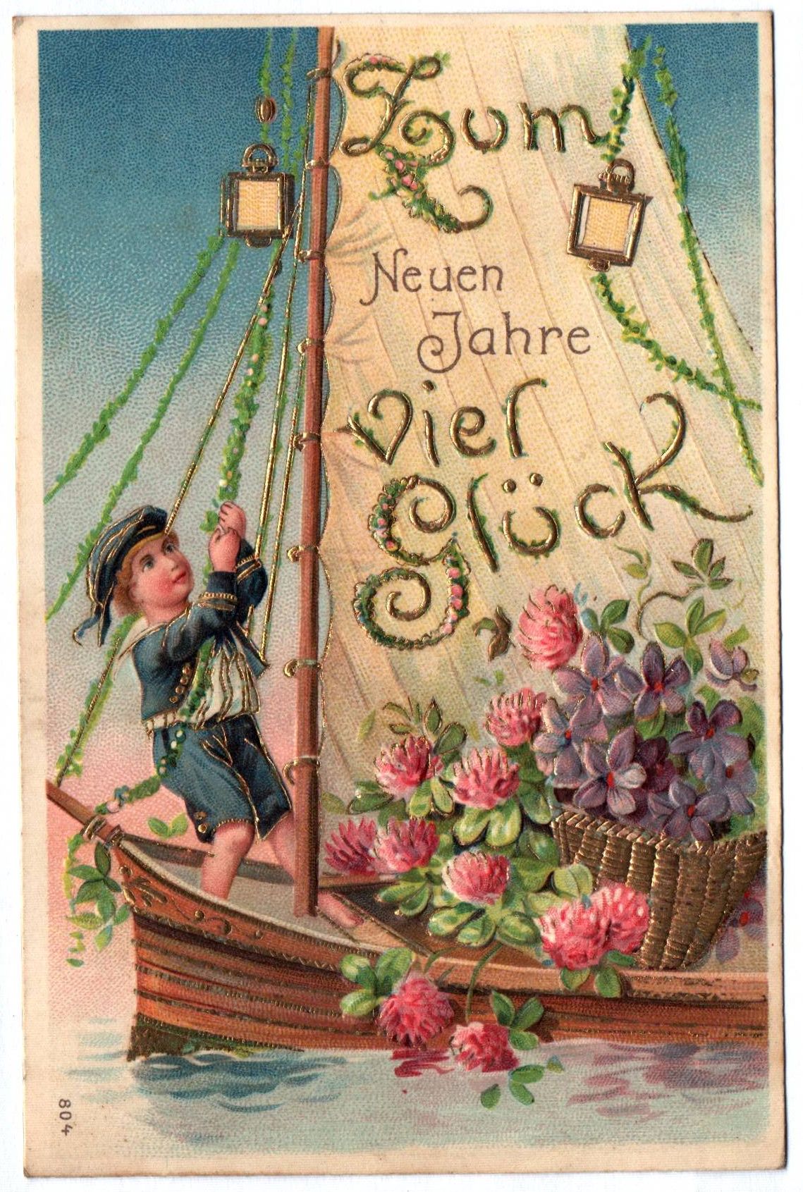 Künstler Ak Zum Neuen Jahre viel Glück Junge auf dem Boot mit Blumen geprägt Künstler Ak Zum Neuen Jahre viel Glück Junge auf dem Boot mit Blumen geprägt