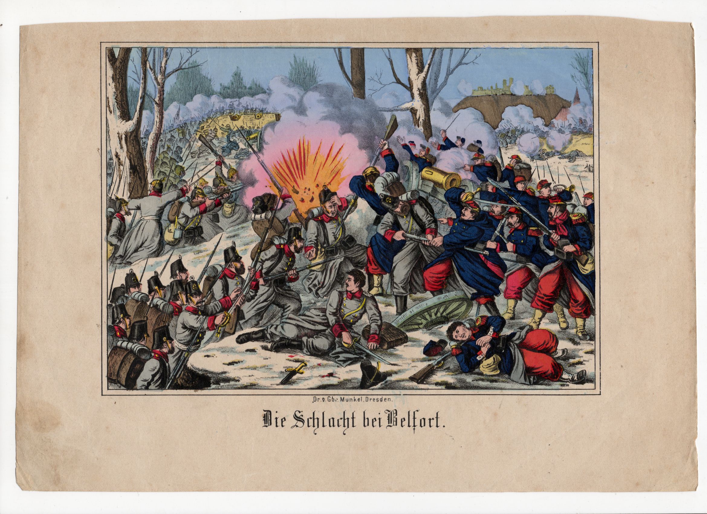 Kolorierte Lithografie Die Schlacht bei Belfort um 1870 Munkel Dresden