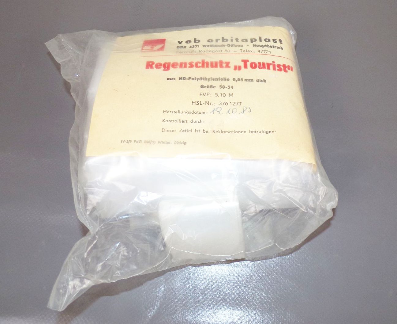 DDR Regenschutz Tourist HD Polyäthylenfolie Unbenutzt NOS VEB 1983 Orbitaplast 