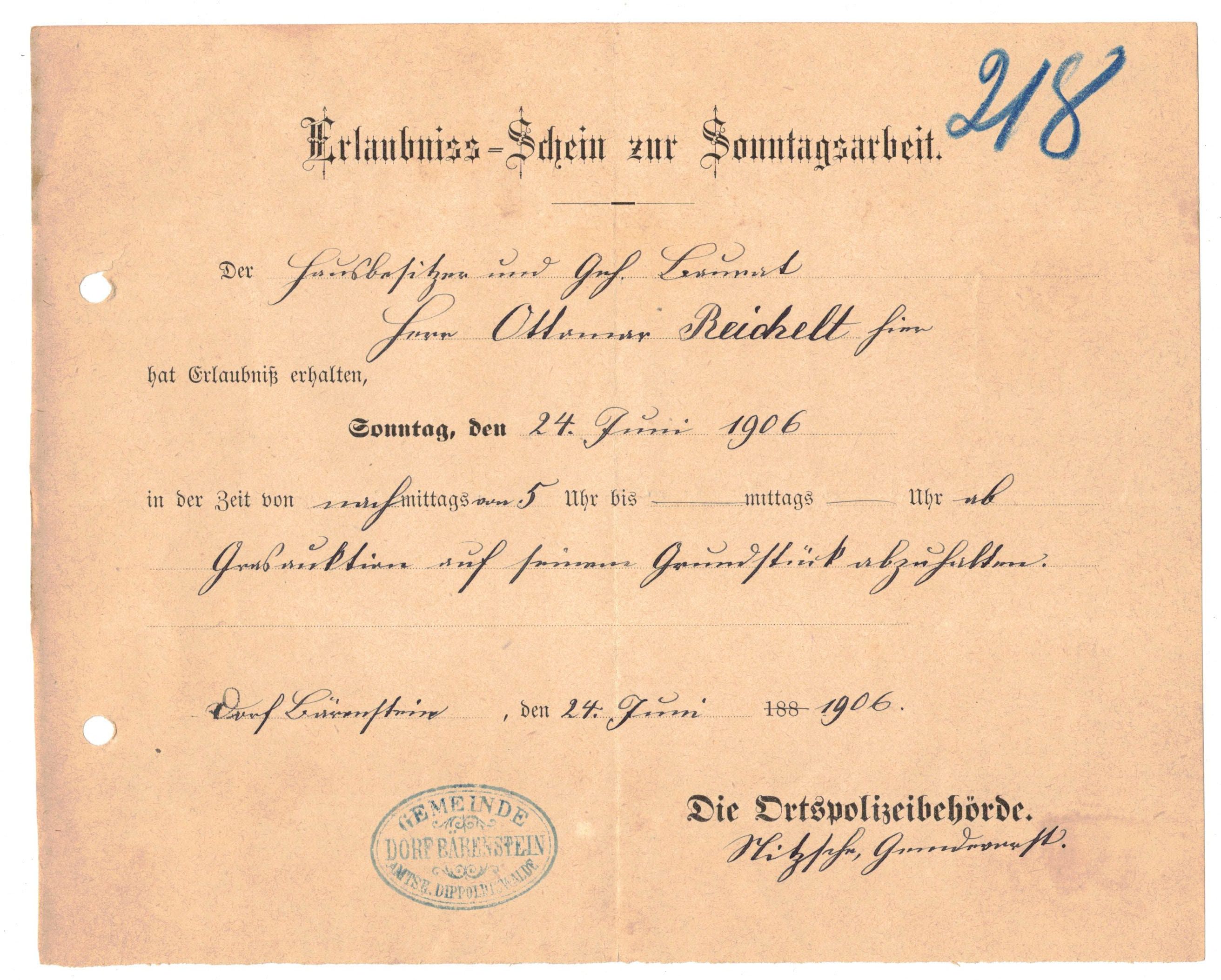 Erlaubnisschein zur Sonntagsarbeit 1906 Bärenstein Zeitzeugnis !