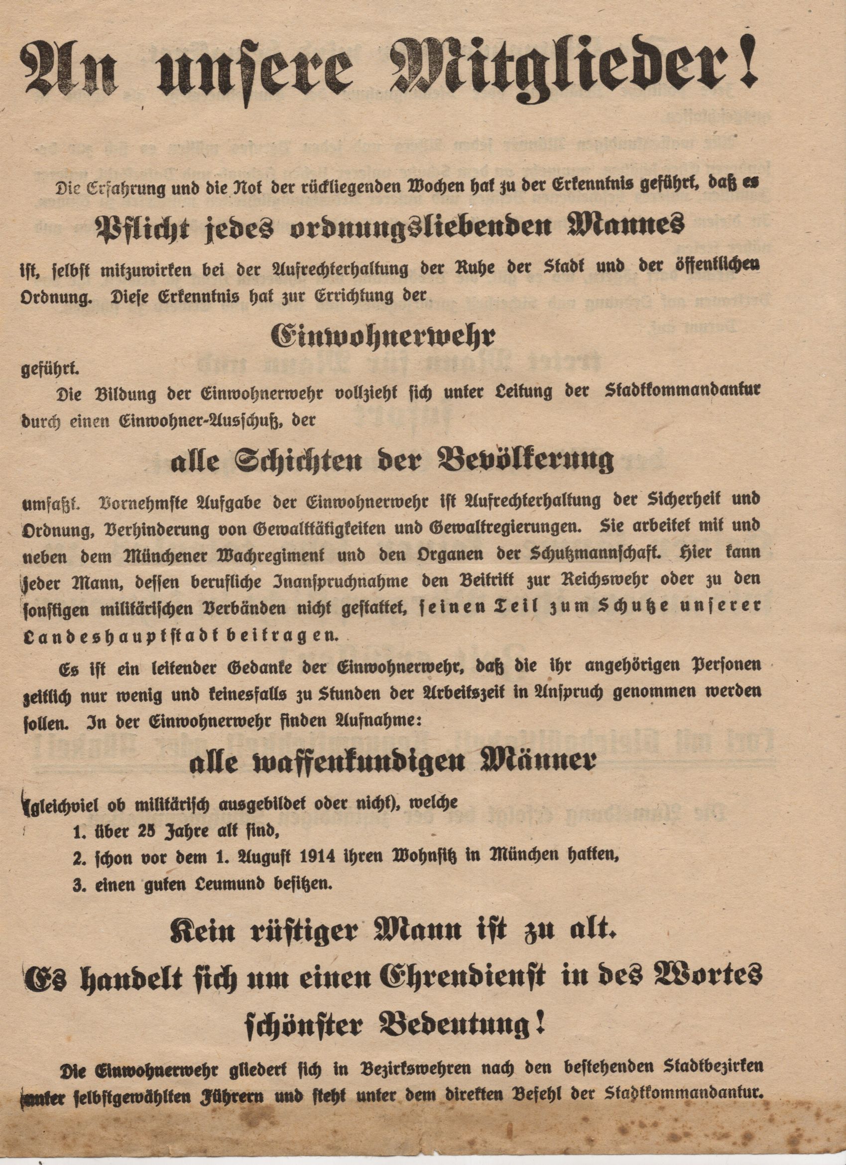 Handzettel Flugblatt Münchener Einwohnerwehr Freikorp 1919 München