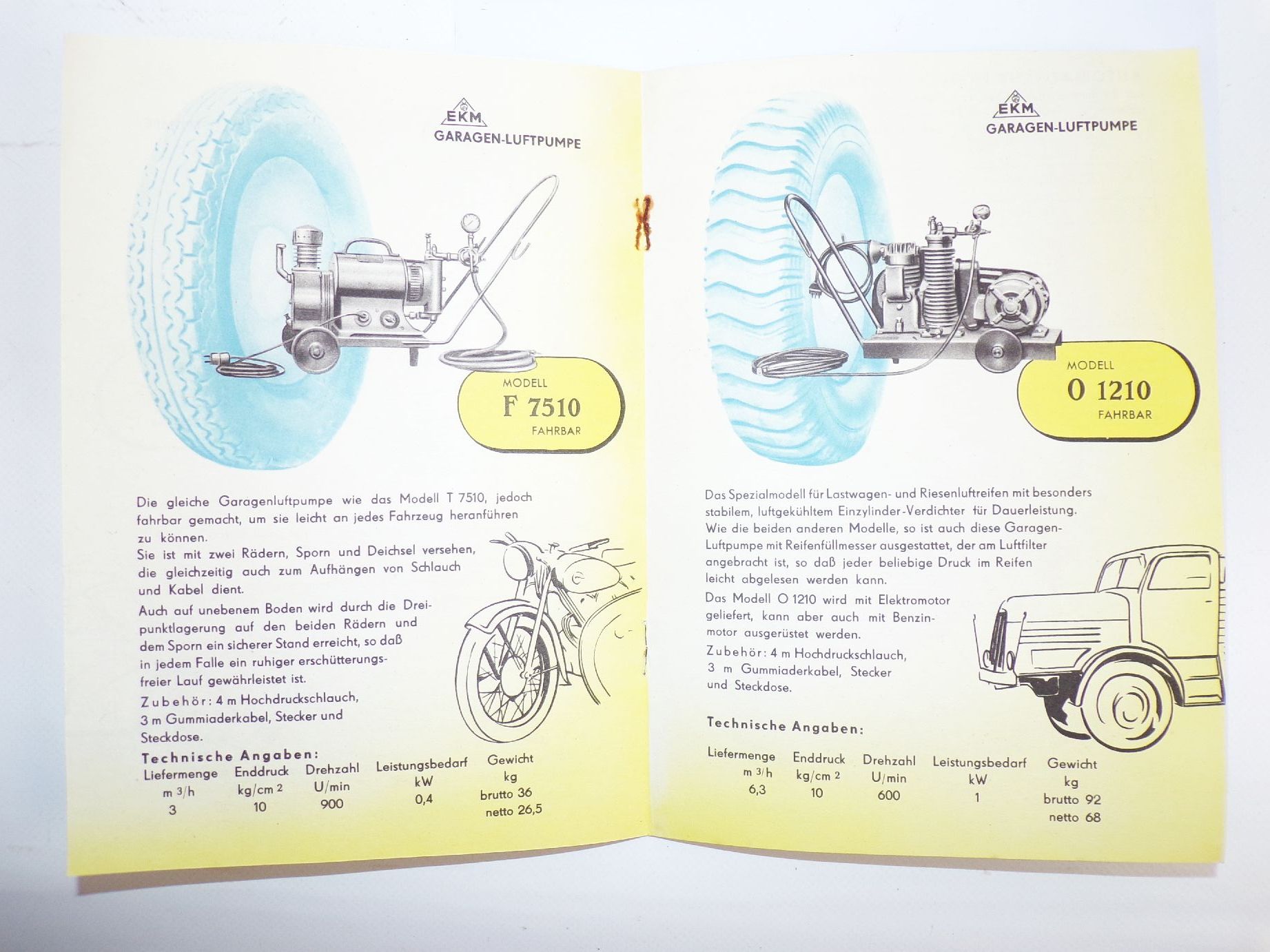 Altes Werbe Prospekt EKM Garage Luftpumpe Reifen Luftdruckprüfer Autopflege 1954 