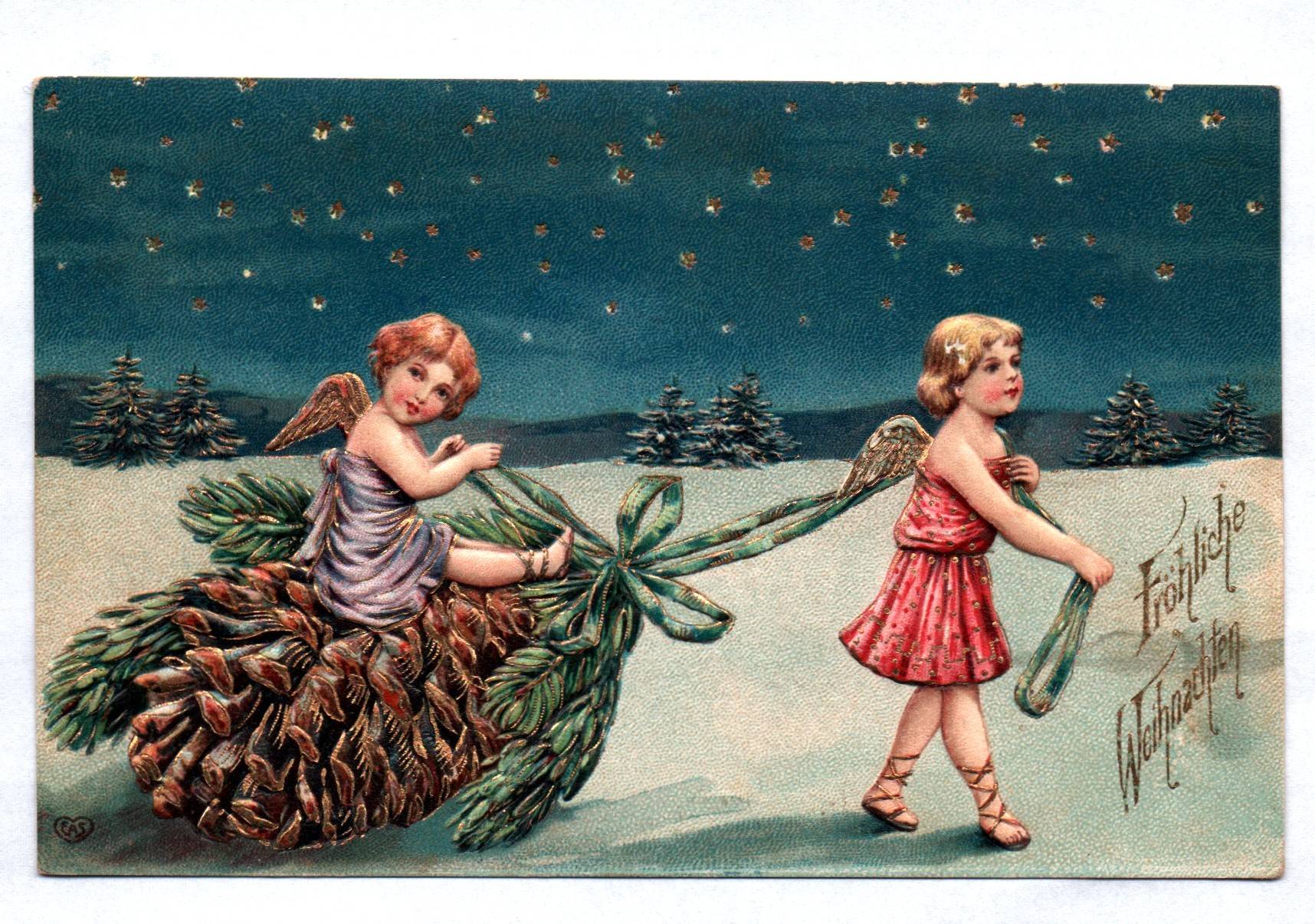 Präge Ak Engel mit Tannenzapfen goldgeprägt Fröhliche Weihnachten 