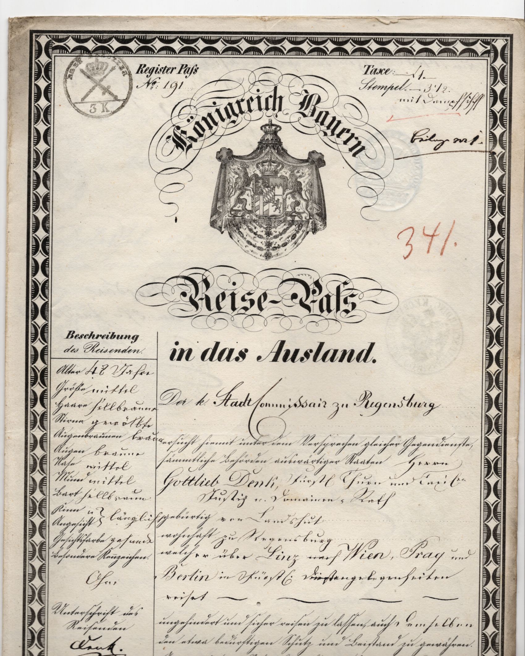 Königreich Bayern Reisepass 1853