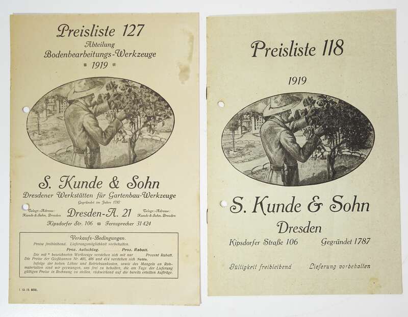 Kunde und Sohn Dresden 3 Preislisten Katalog Gartengeräte Messer 1919 1920
