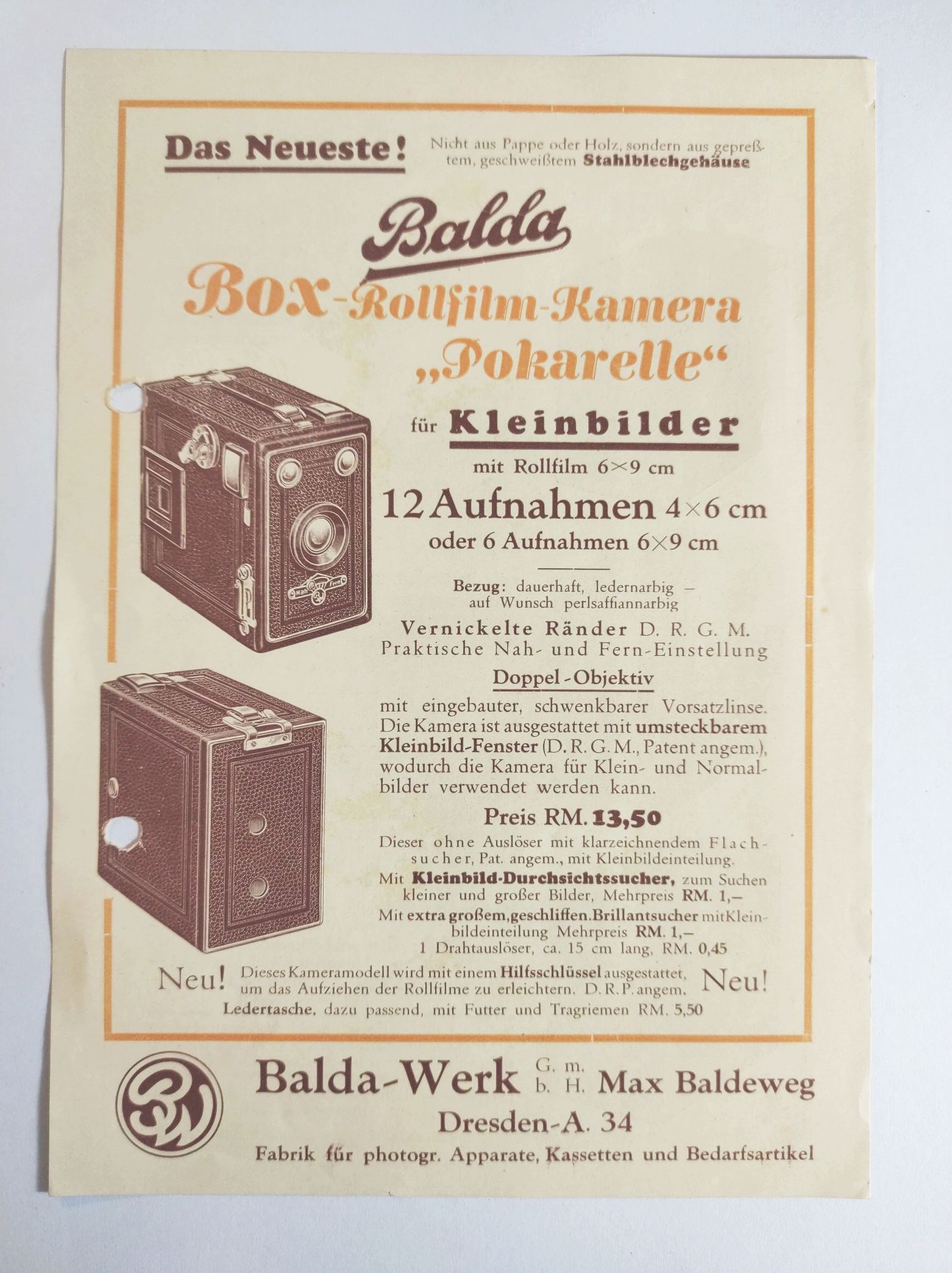 Balda Box Rollfilm Kamera Pokarelle alter Kamera Prospekt Dresden
